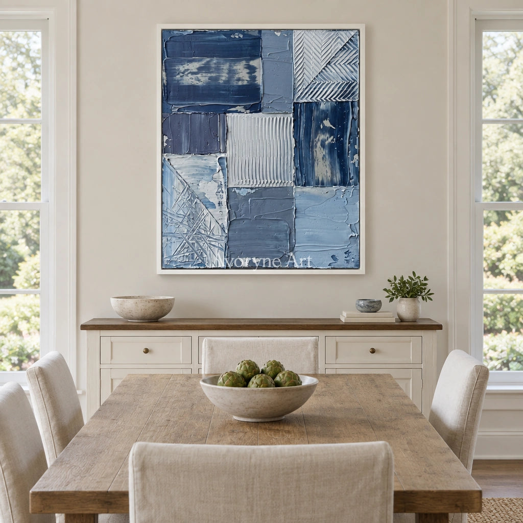 Hushed Measure blue geometric texture wall art with a white frame in a dining room