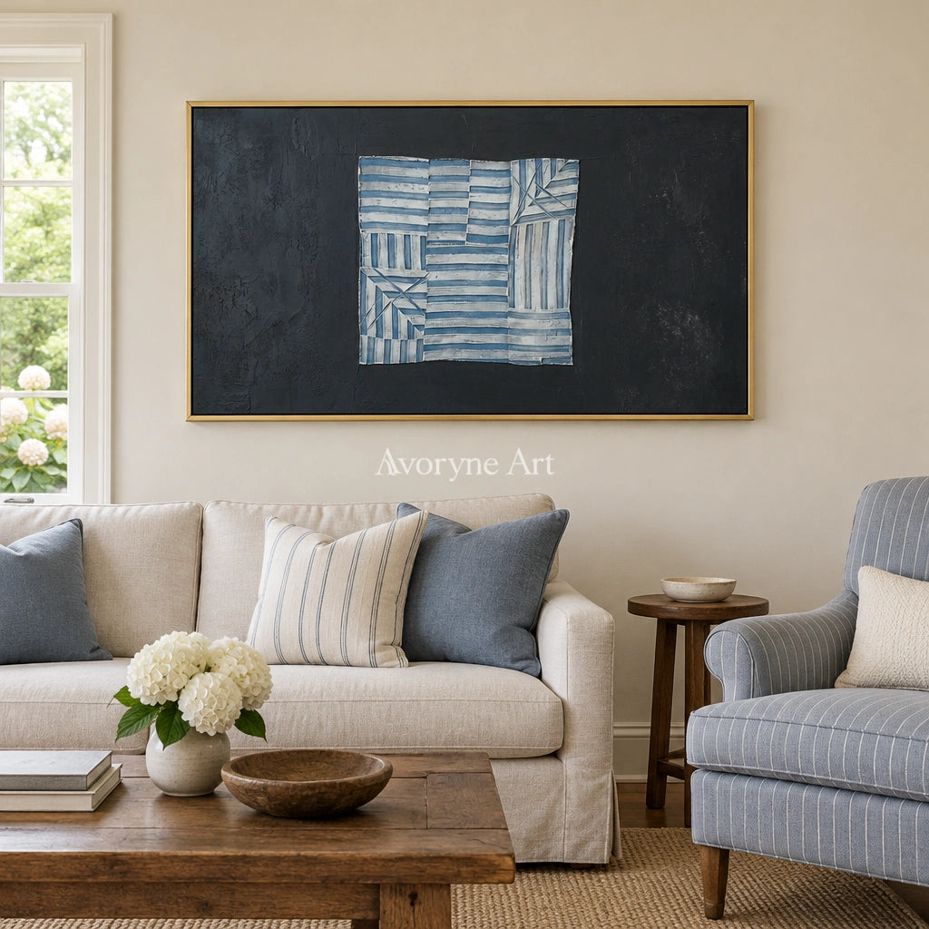 Mineral Refrain blue geometric texture wall art with a gold frame hanging in a living room