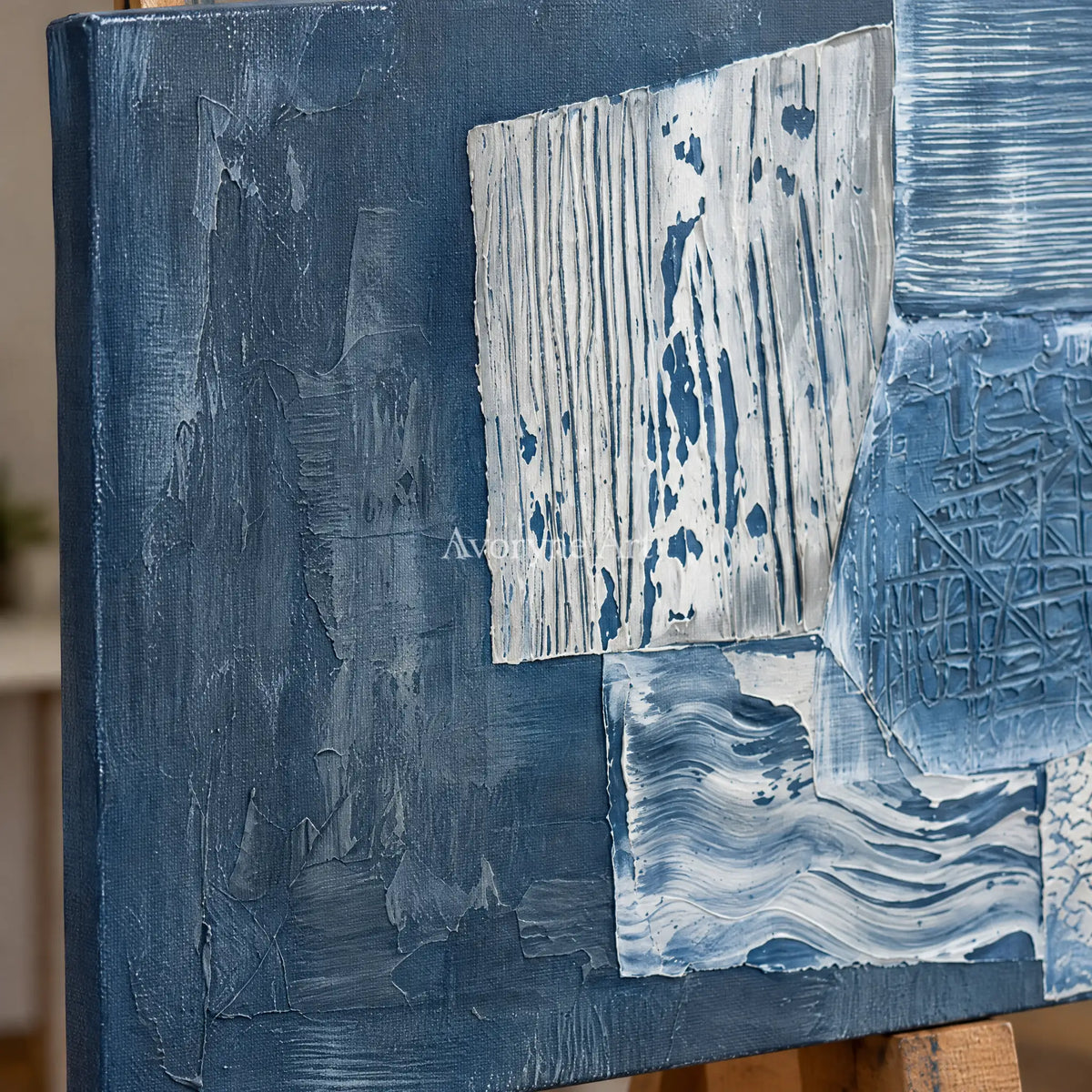 Close-up of the hand-painted texture of Mineral Passage blue geometric texture wall art on an easel