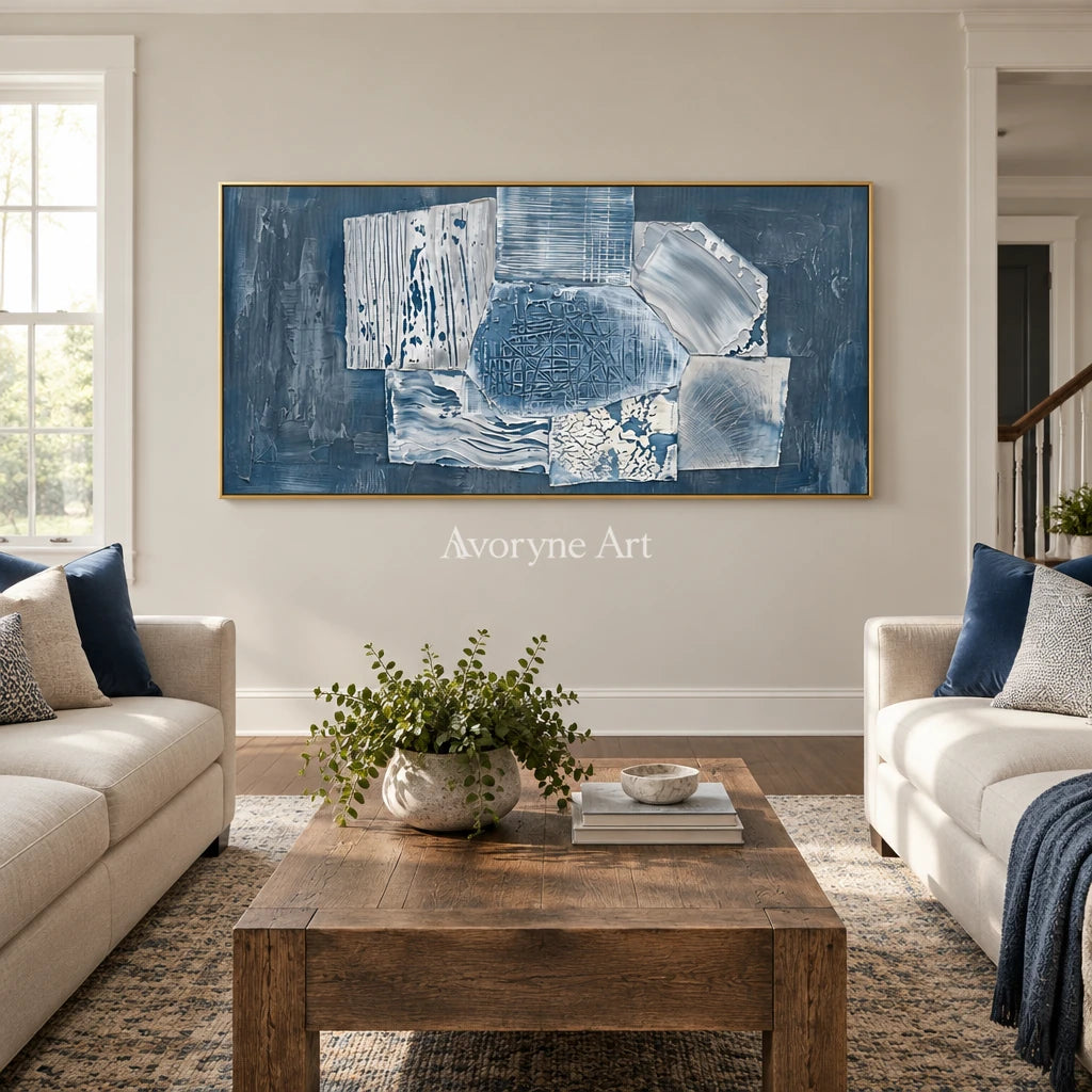 Mineral Passage blue geometric texture wall art with a gold frame hanging in a living room
