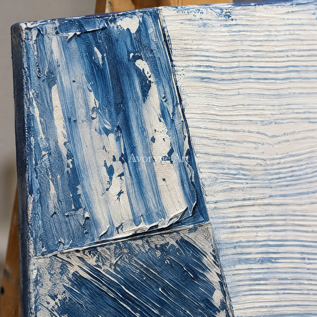 Close-up of the hand-painted texture of Soft Refrain blue geometric texture diptych on an easel