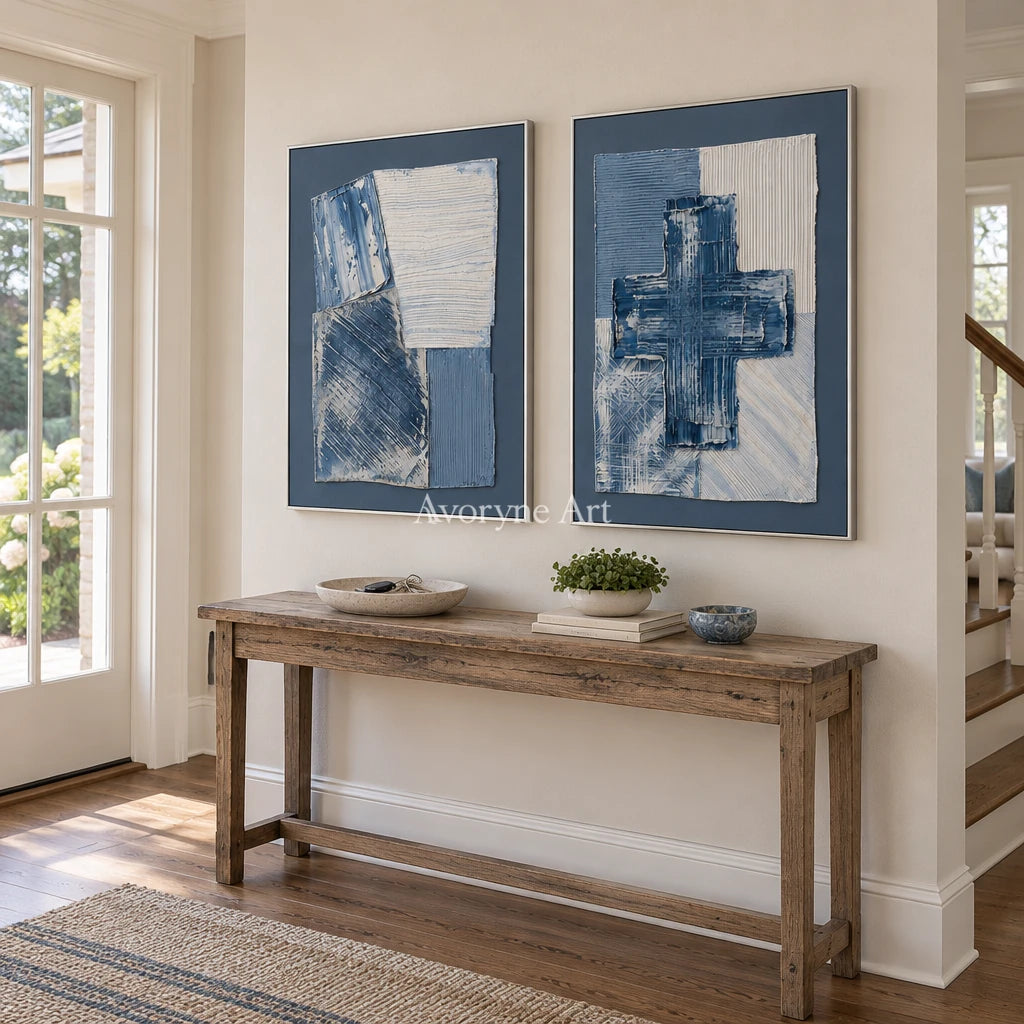 Soft Refrain blue geometric texture diptych with a silver frame in an entryway
