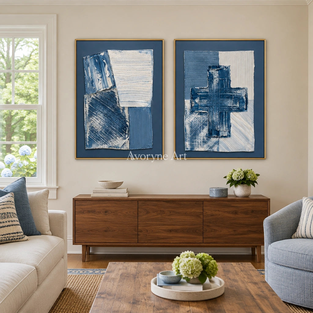 Soft Refrain blue geometric texture diptych with a gold frame hanging in a living room