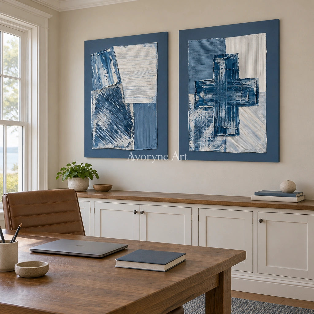 Soft Refrain blue geometric texture diptych as a frameless stretched canvas in a home office