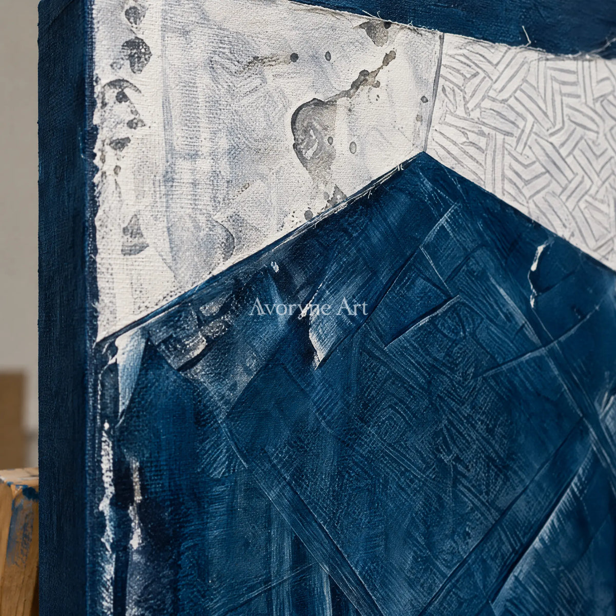 Close-up of the hand-painted texture of Hushed Current blue geometric texture diptych on an easel