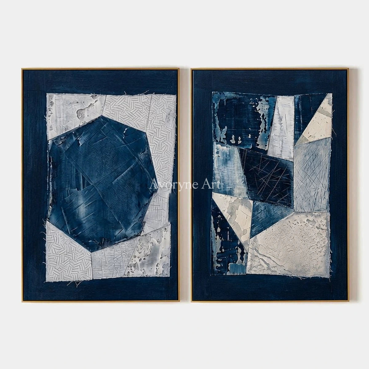 Hushed Current, hand-painted blue geometric texture diptych by Min-Jun Park