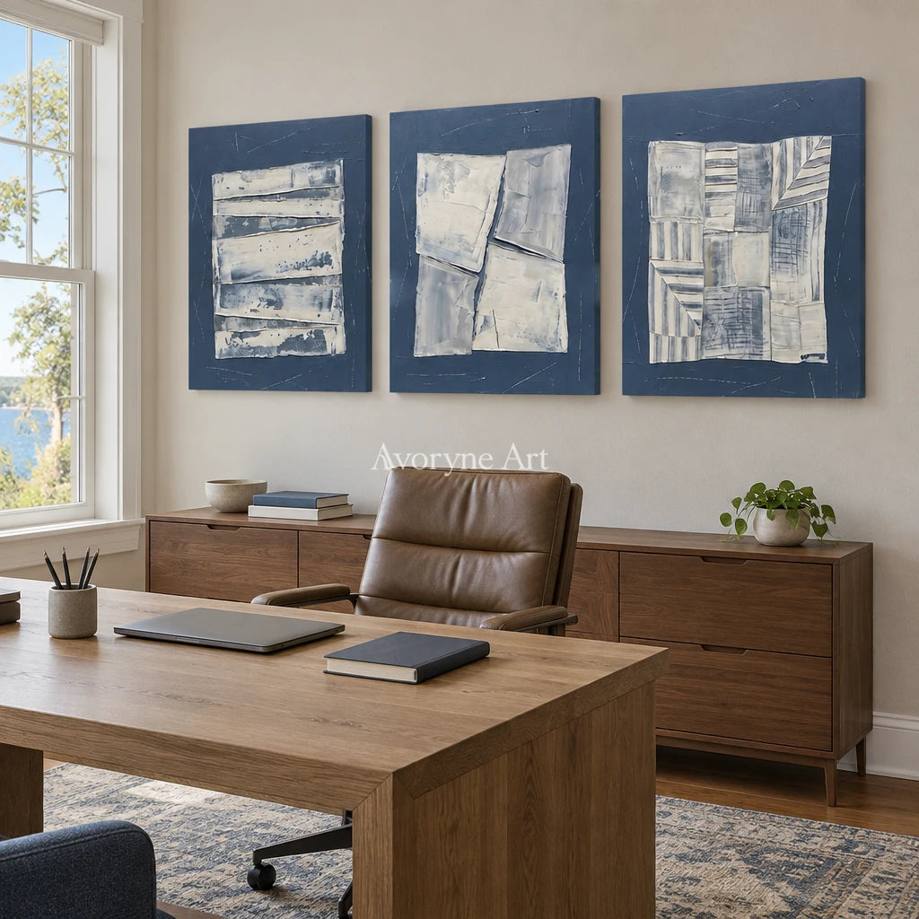 Hushed Solace blue geometric texture triptych as a frameless stretched canvas in a home office
