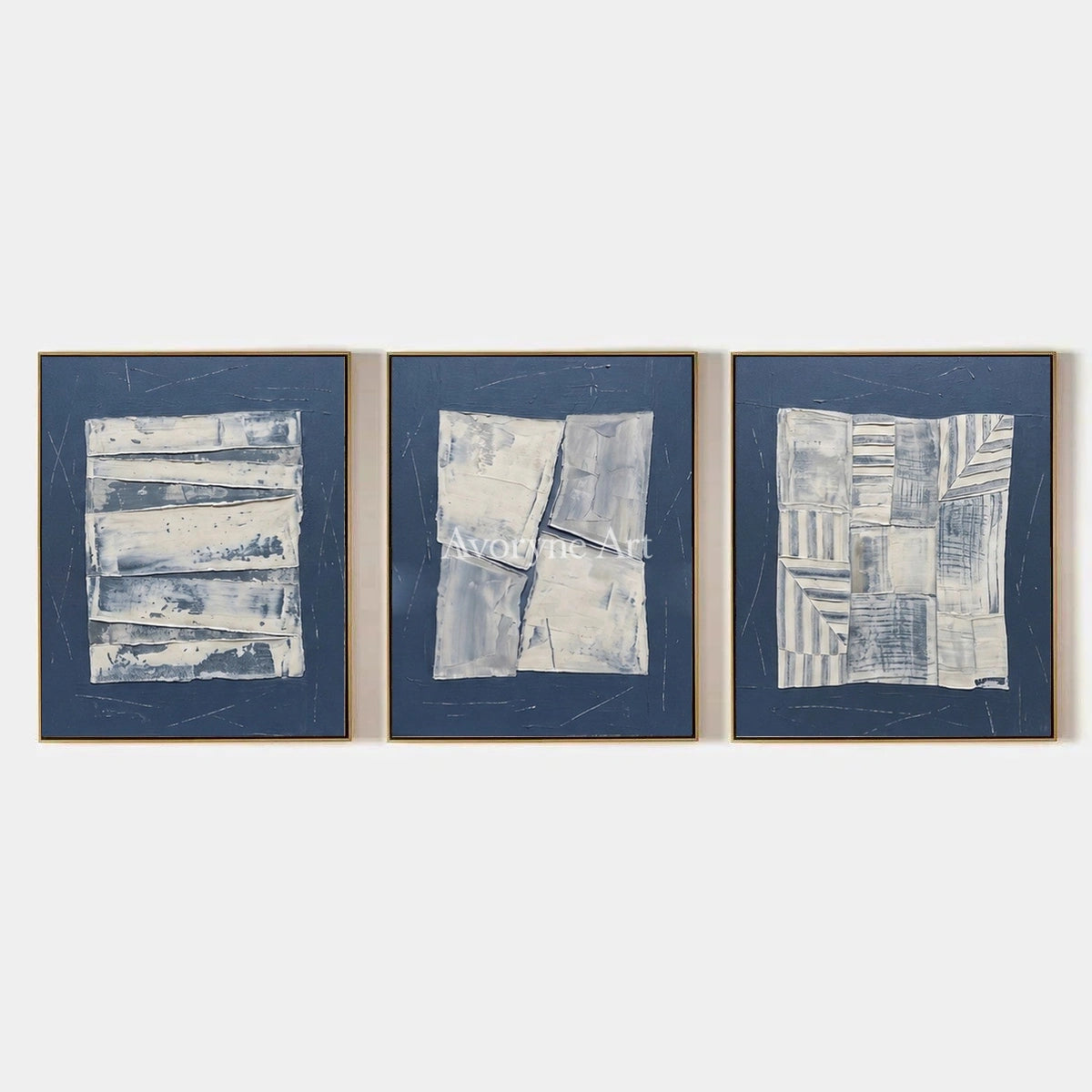 Hushed Solace, hand-painted blue geometric texture triptych by Min-Jun Park