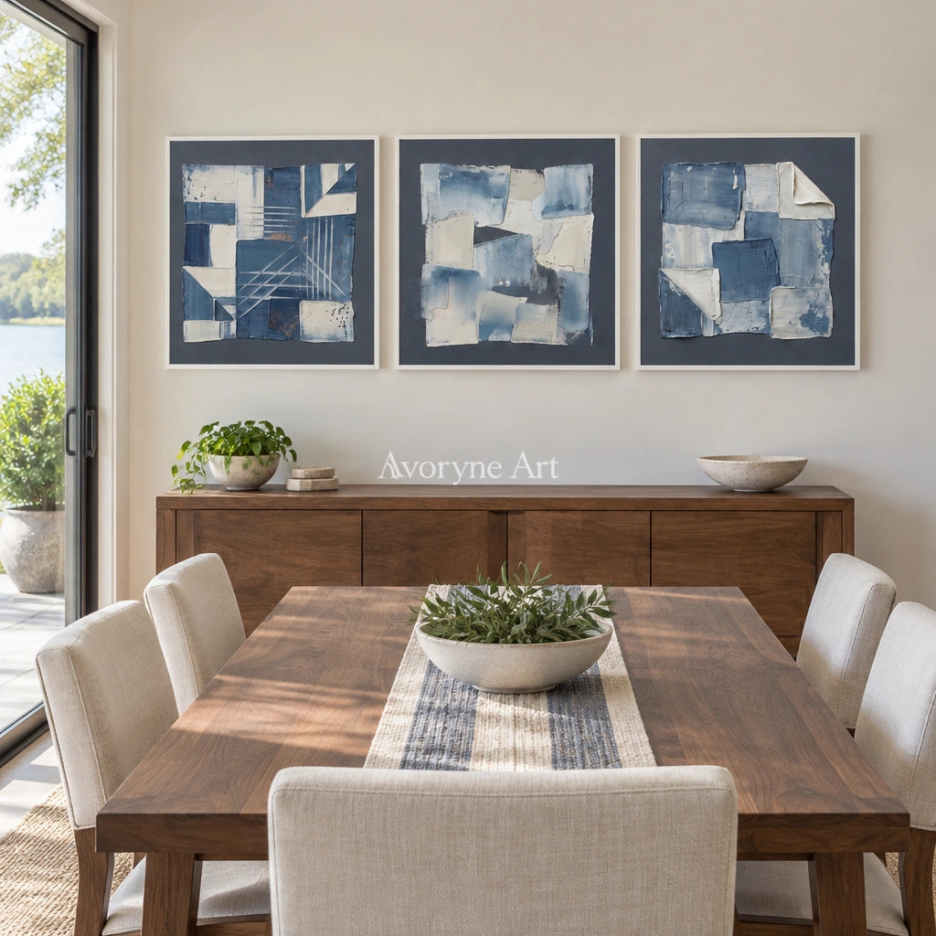 Mineral Horizon blue geometric texture triptych with a white frame in a dining room