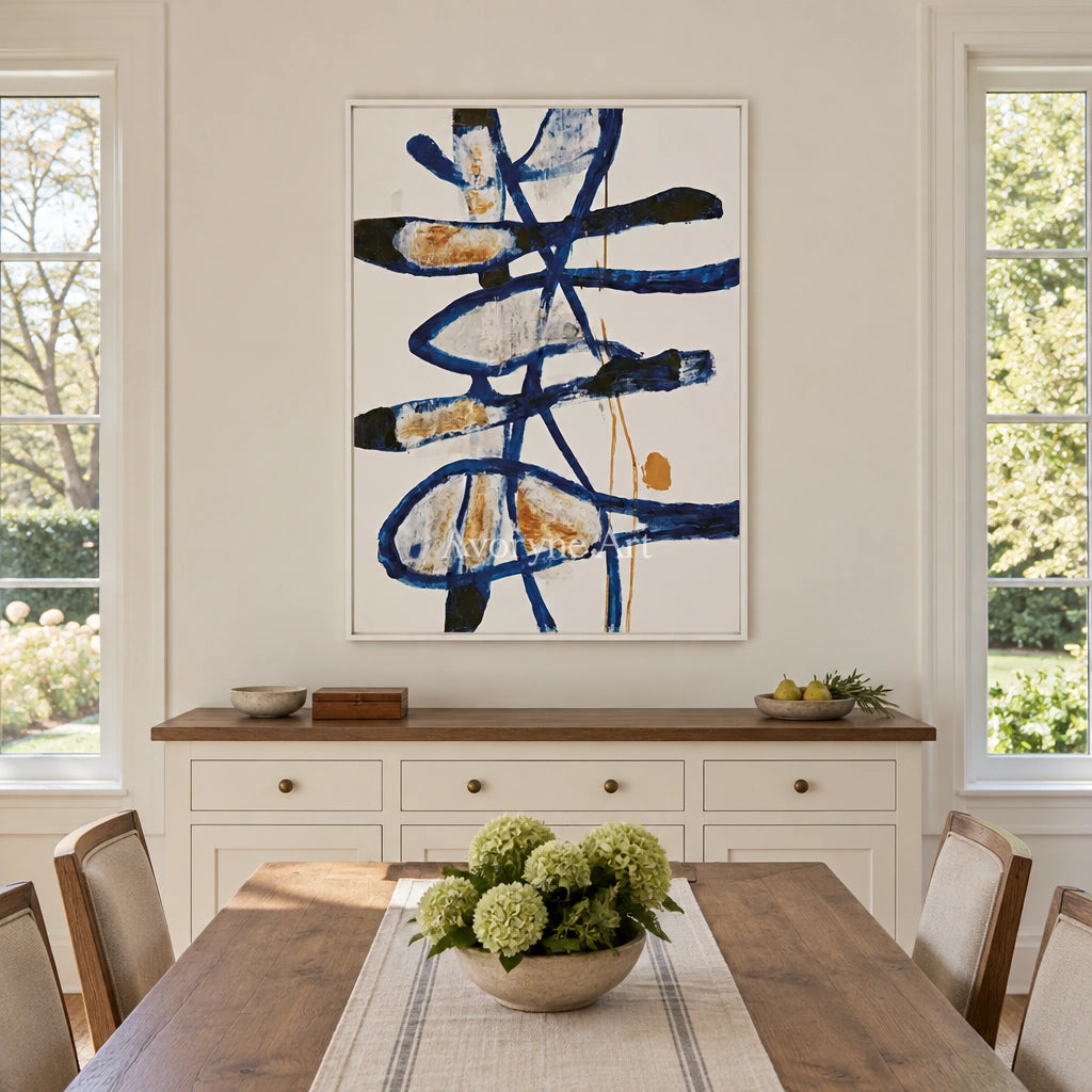 Ivory Quiet Vista: Blue Gesture Abstract — dining white