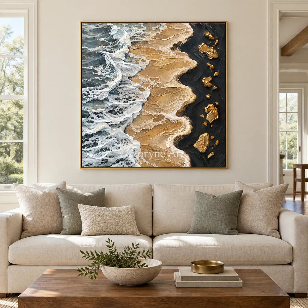 Golden Surf: Blue Gold Coastal Impasto Wall Art — living gold