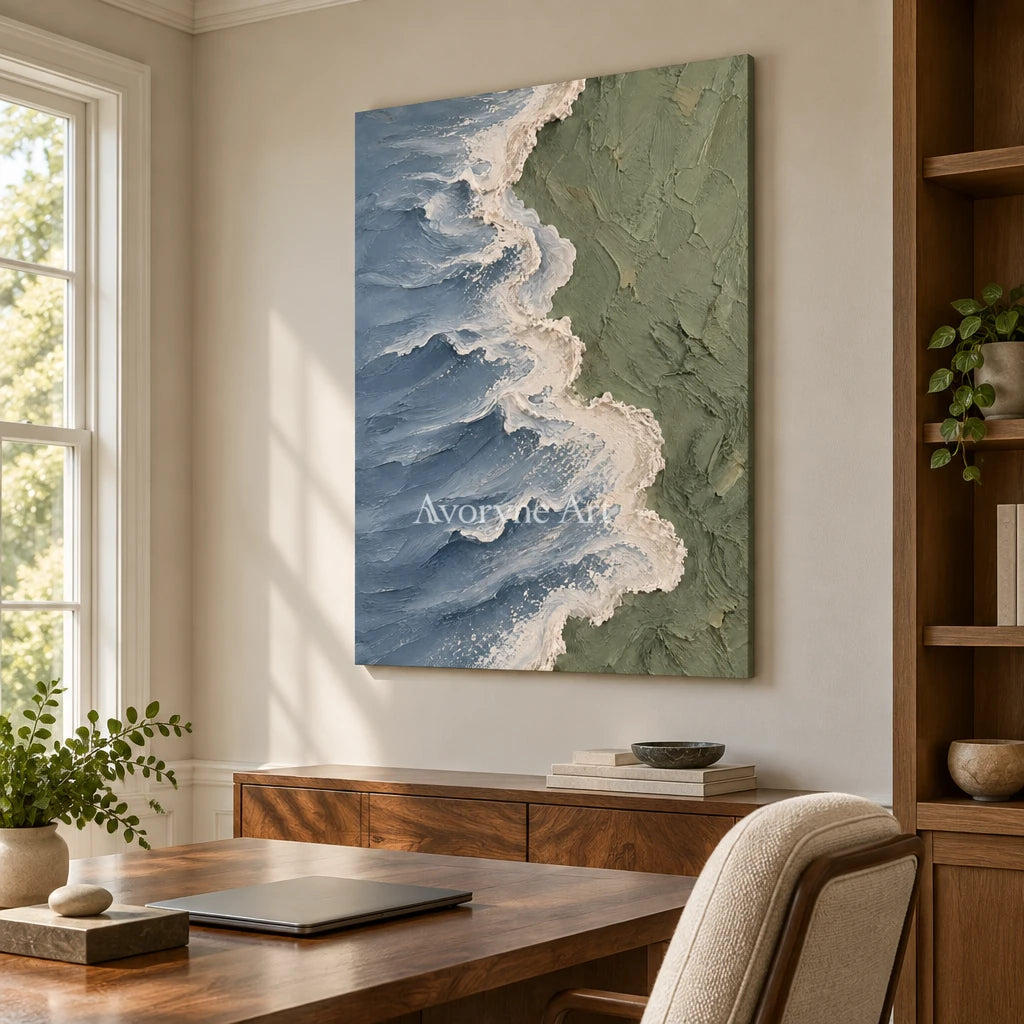 Slate Shore: Blue Gray Coastal Relief Wall Art — office frameless