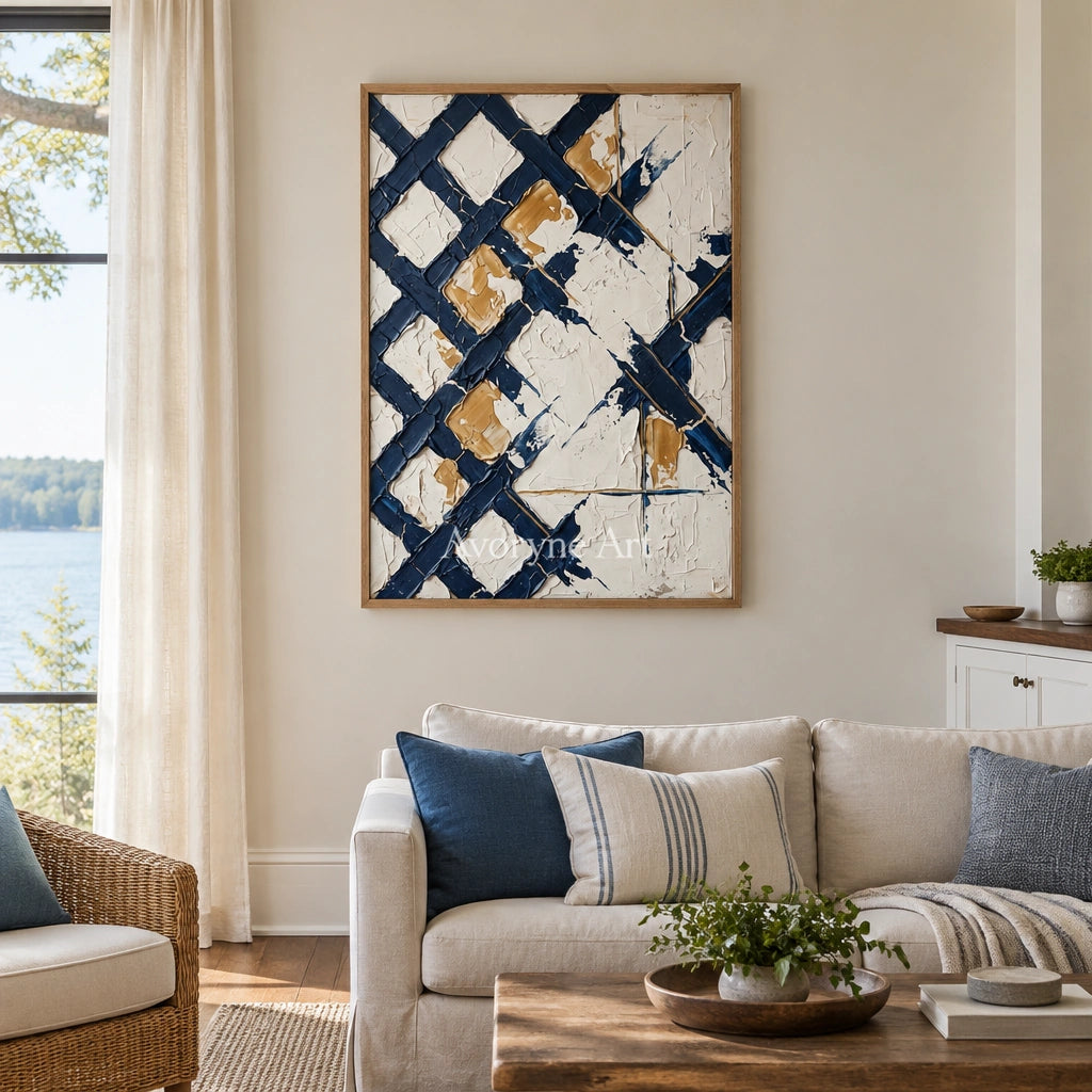 Earthen Refrain blue ivory grid wall art with a wood frame in a villa living space
