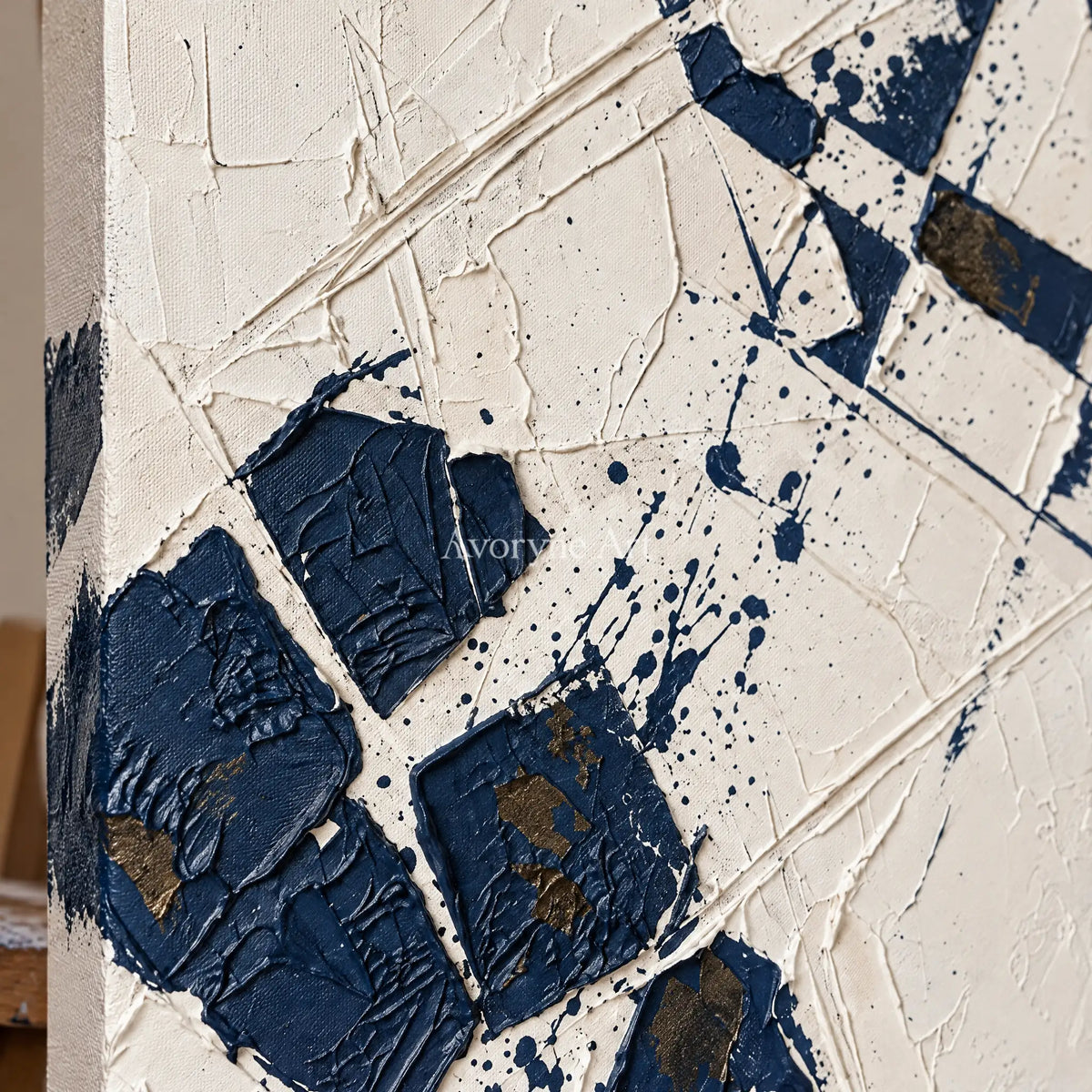 Close-up of the hand-painted texture of Earthen Reverie blue ivory grid wall art on an easel