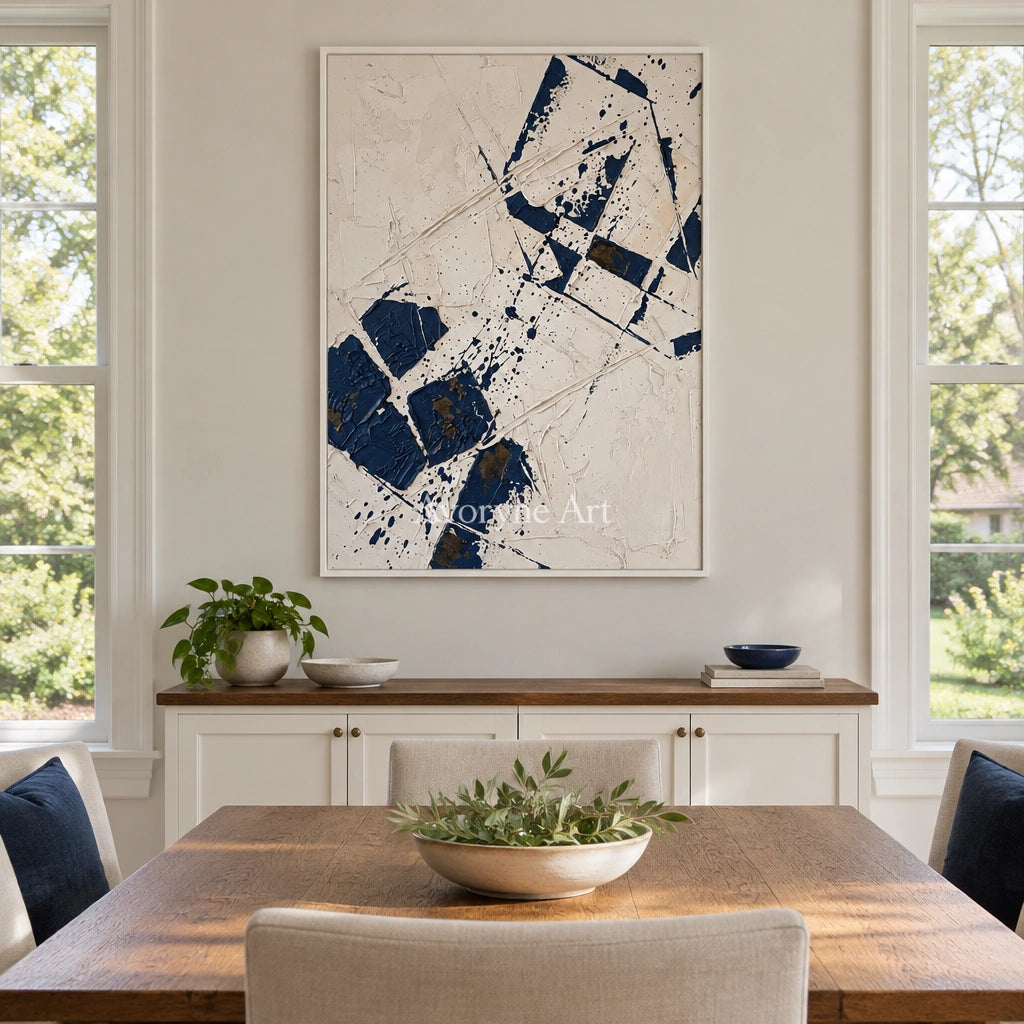 Earthen Reverie blue ivory grid wall art with a white frame in a dining room