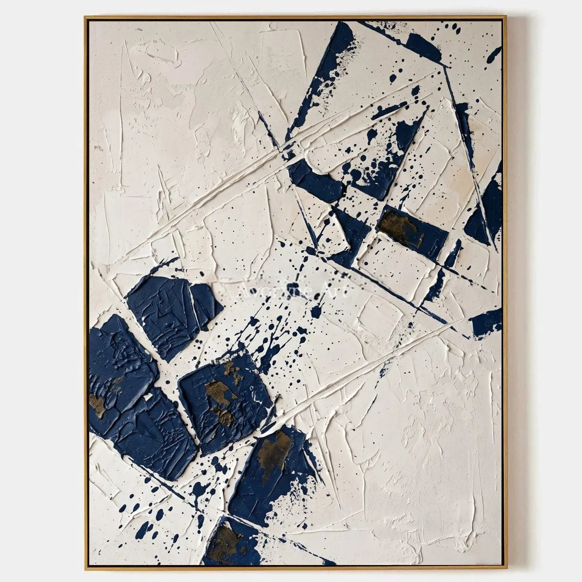 Earthen Reverie, hand-painted blue ivory grid wall art by Lin Qiao