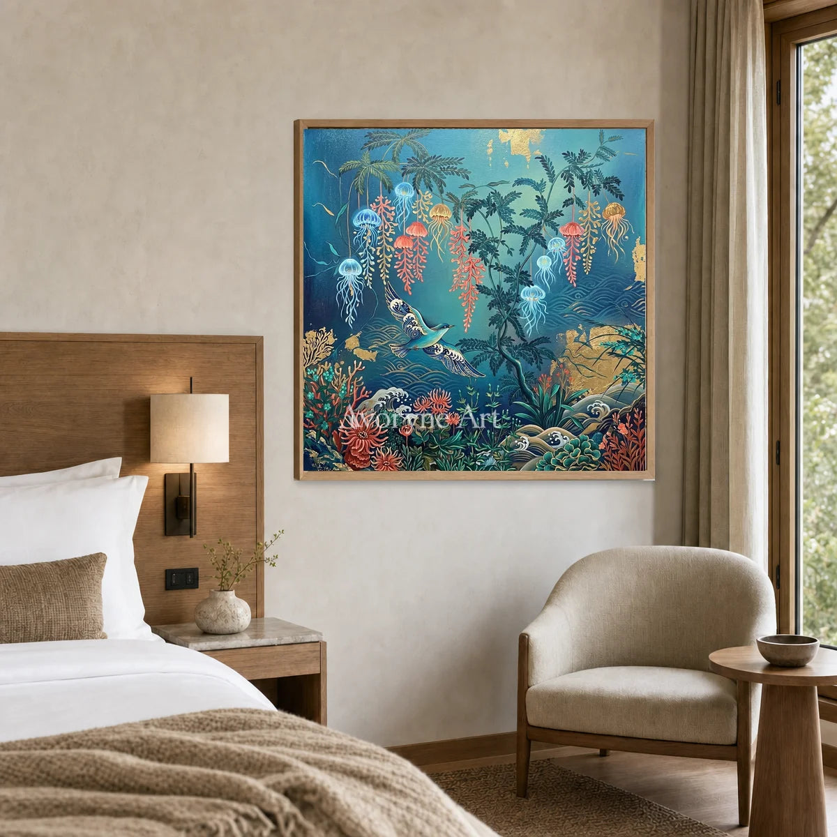 Pelagic Garden: Blue Jellyfish and Birds Square Wall Art — hotel wood