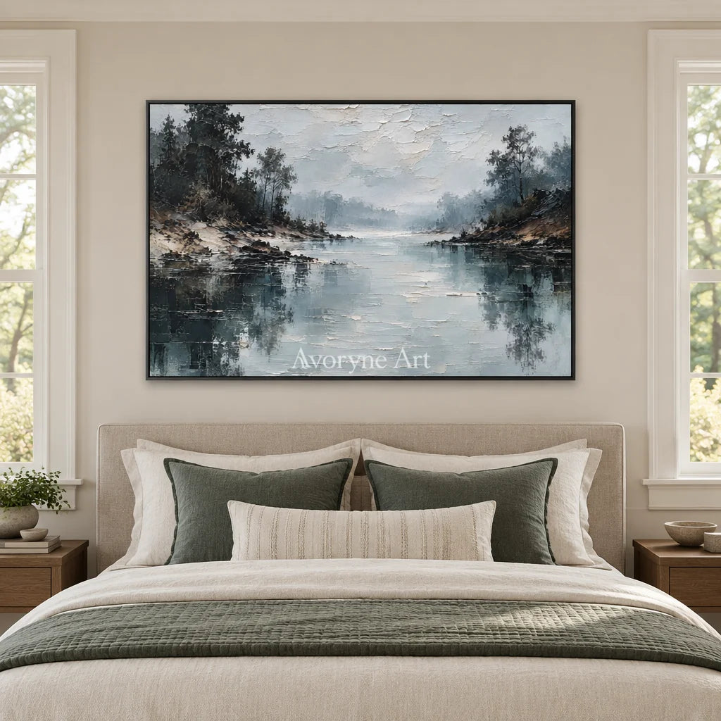 Serein Stillwater Veil: Blue Lake Landscape Art — bedroom black