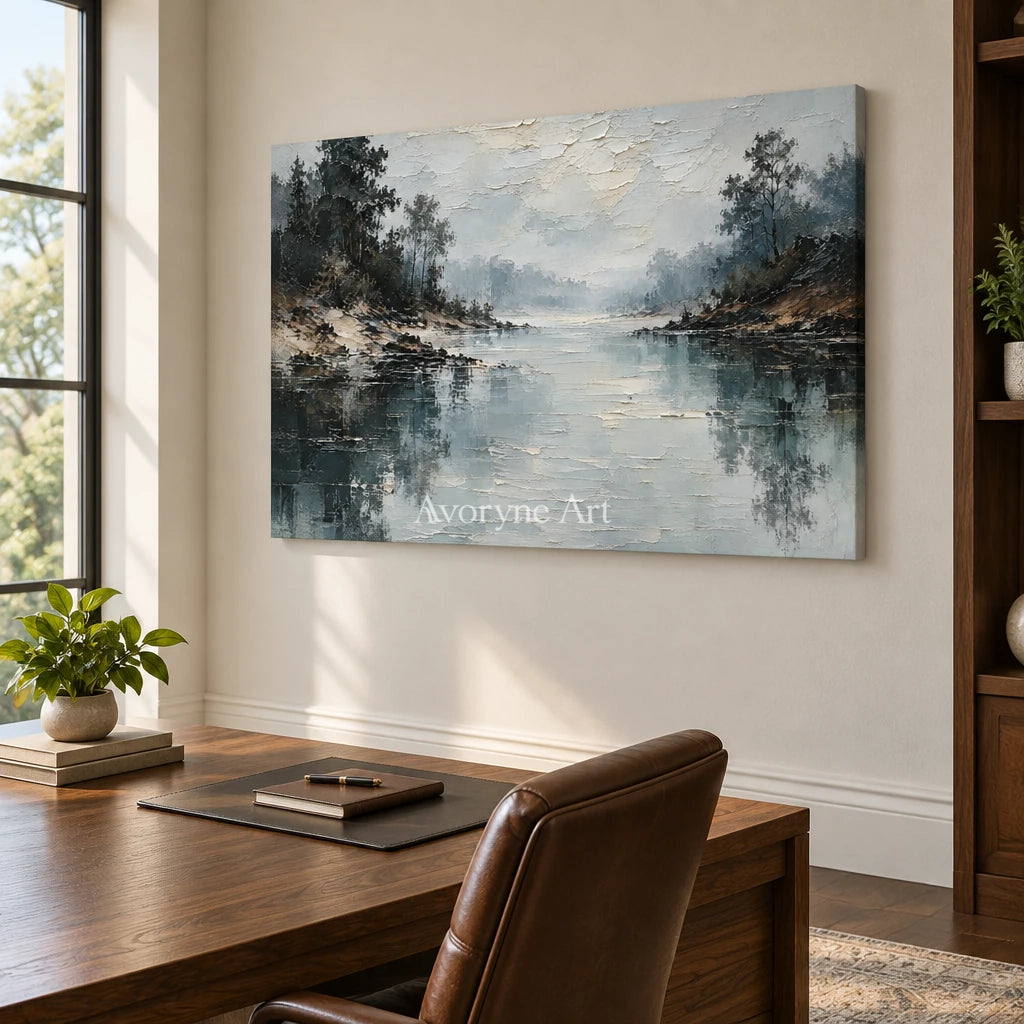Serein Stillwater Veil: Blue Lake Landscape Art — office frameless