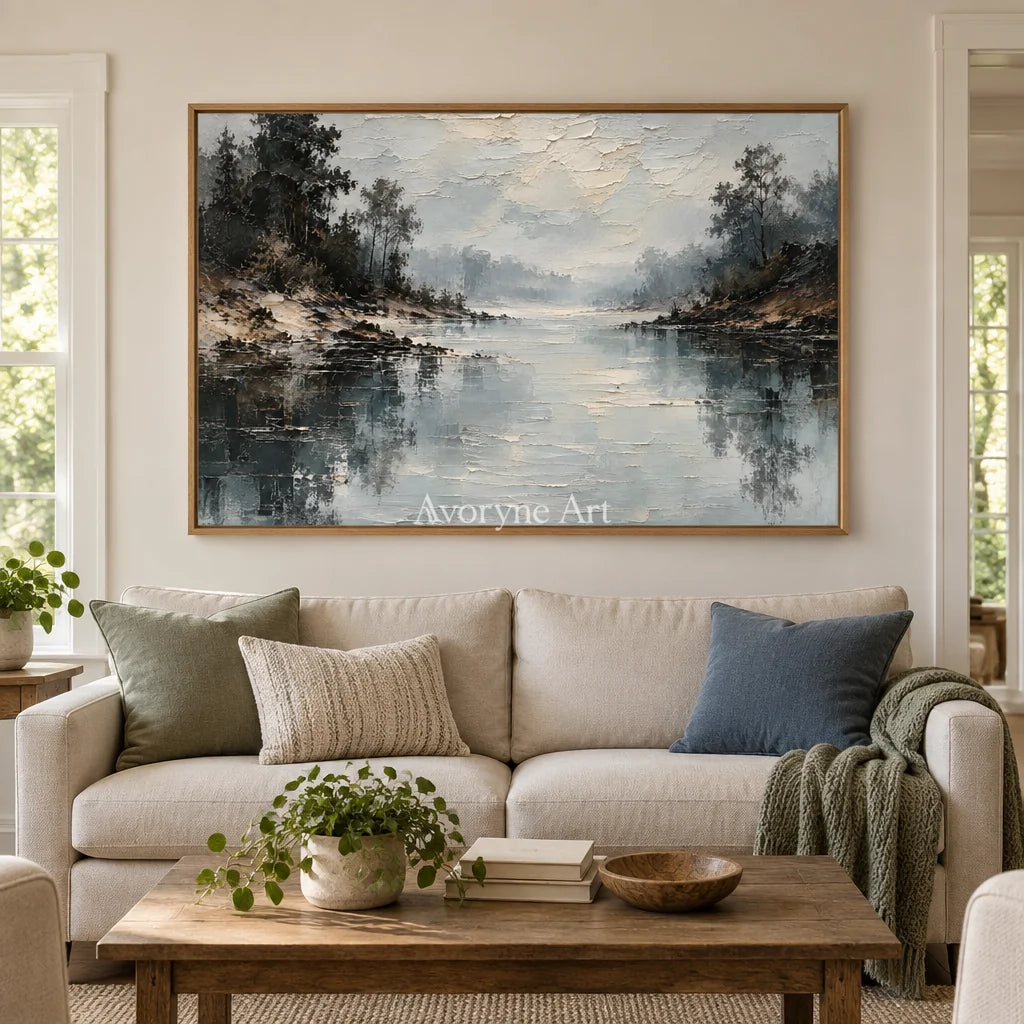 Serein Stillwater Veil: Blue Lake Landscape Art — villa wood