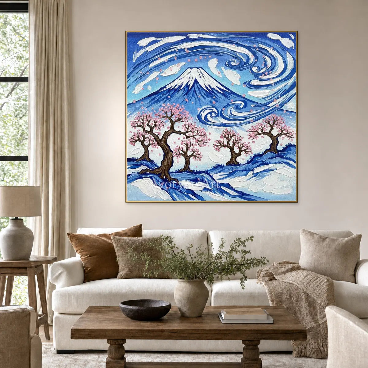 Fuji in Motion: Blue Mountain and Cherry Blossom Square Wall Art — living gold