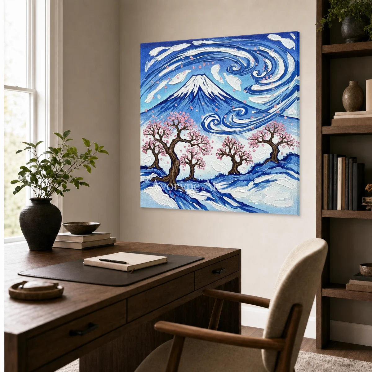 Fuji in Motion: Blue Mountain and Cherry Blossom Square Wall Art — office frameless