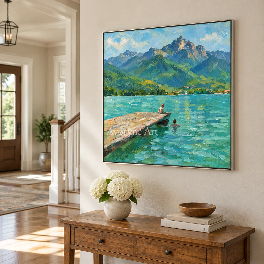 Lakeside Pause: Blue Mountain Landscape Wall Art — entry silver