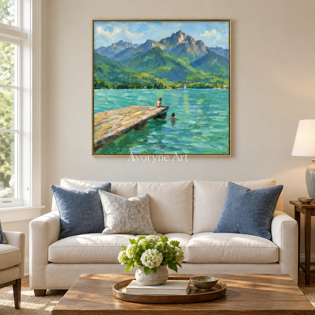 Lakeside Pause: Blue Mountain Landscape Wall Art — living gold