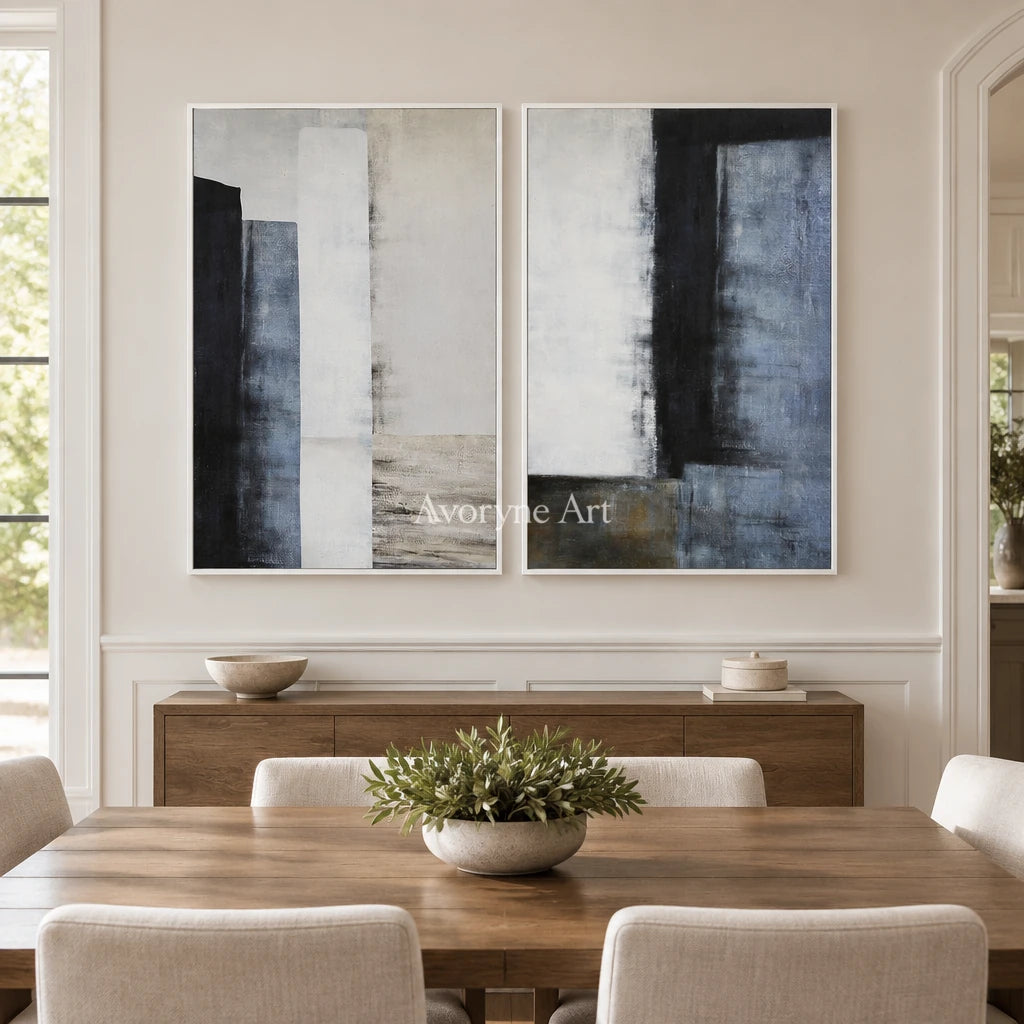 Aster Bloom: Blue Neutral Diptych — dining white