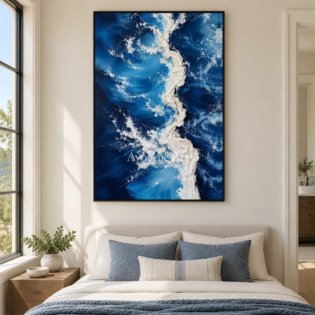 Deepwater Crest: Blue Ocean Wave Wall Art — bedroom black