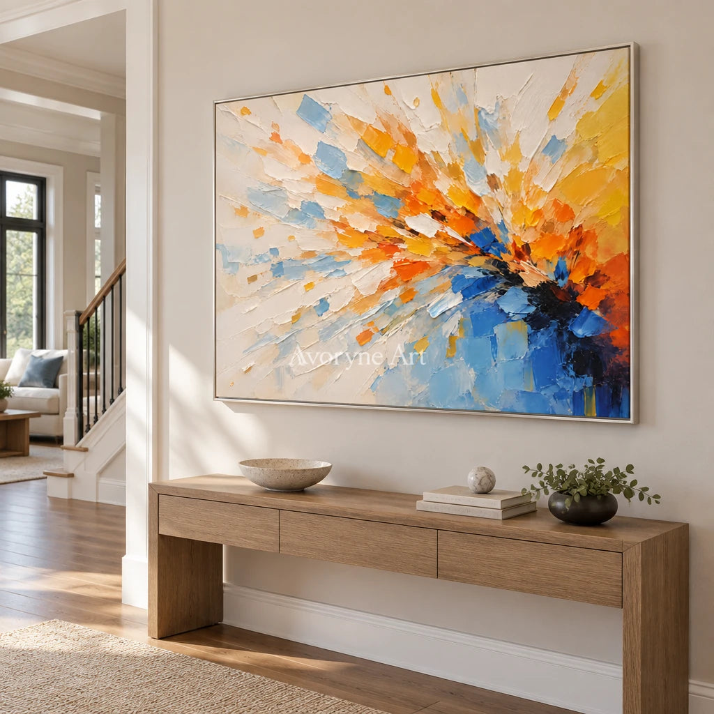 Sunburst Current: Blue Orange Abstract Wall Art — entry silver