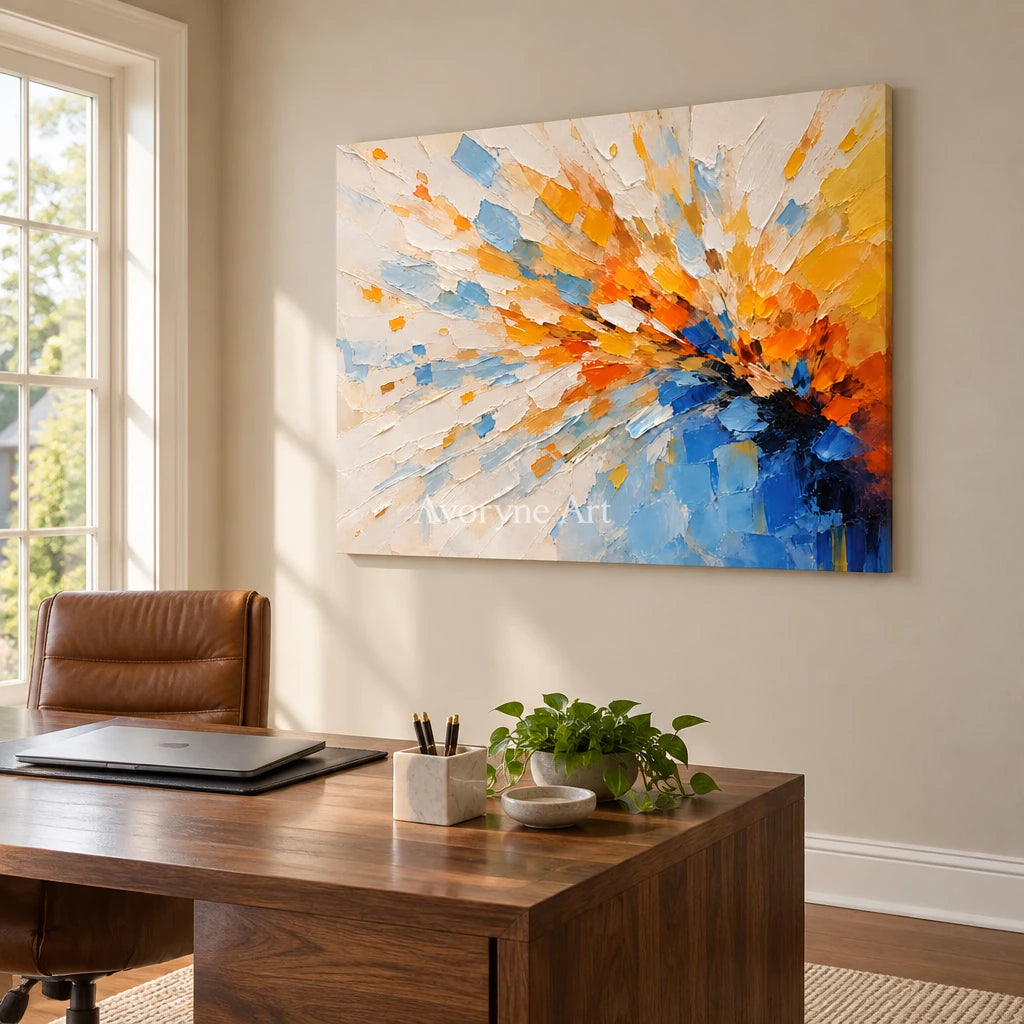 Sunburst Current: Blue Orange Abstract Wall Art — office frameless