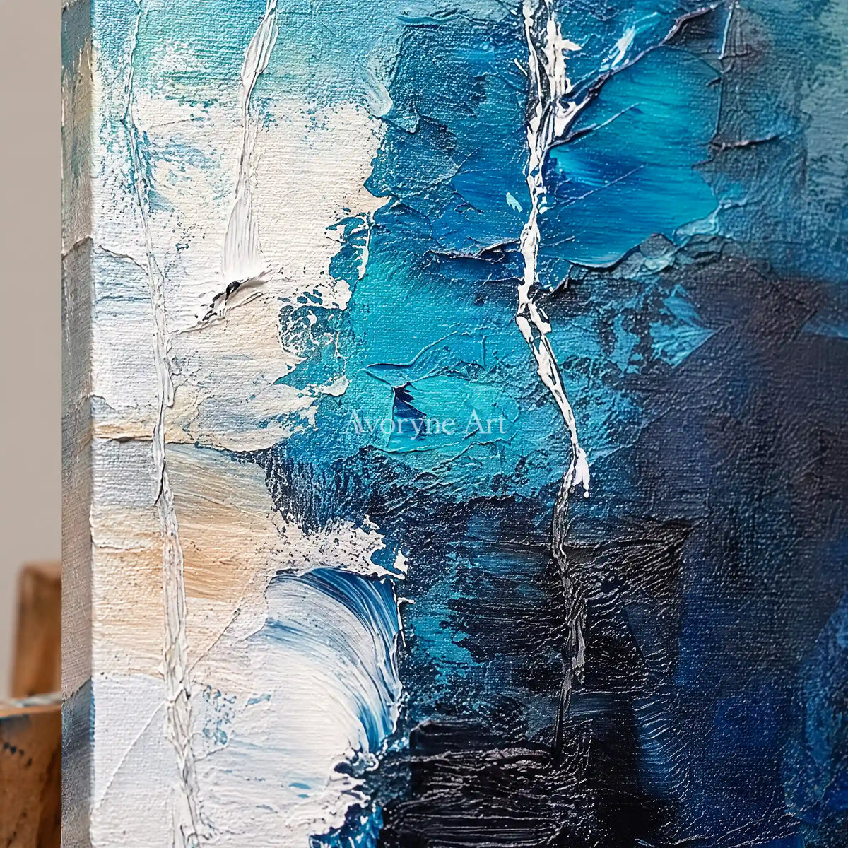 Aster Curve: Blue Palette Knife Art — detail easel
