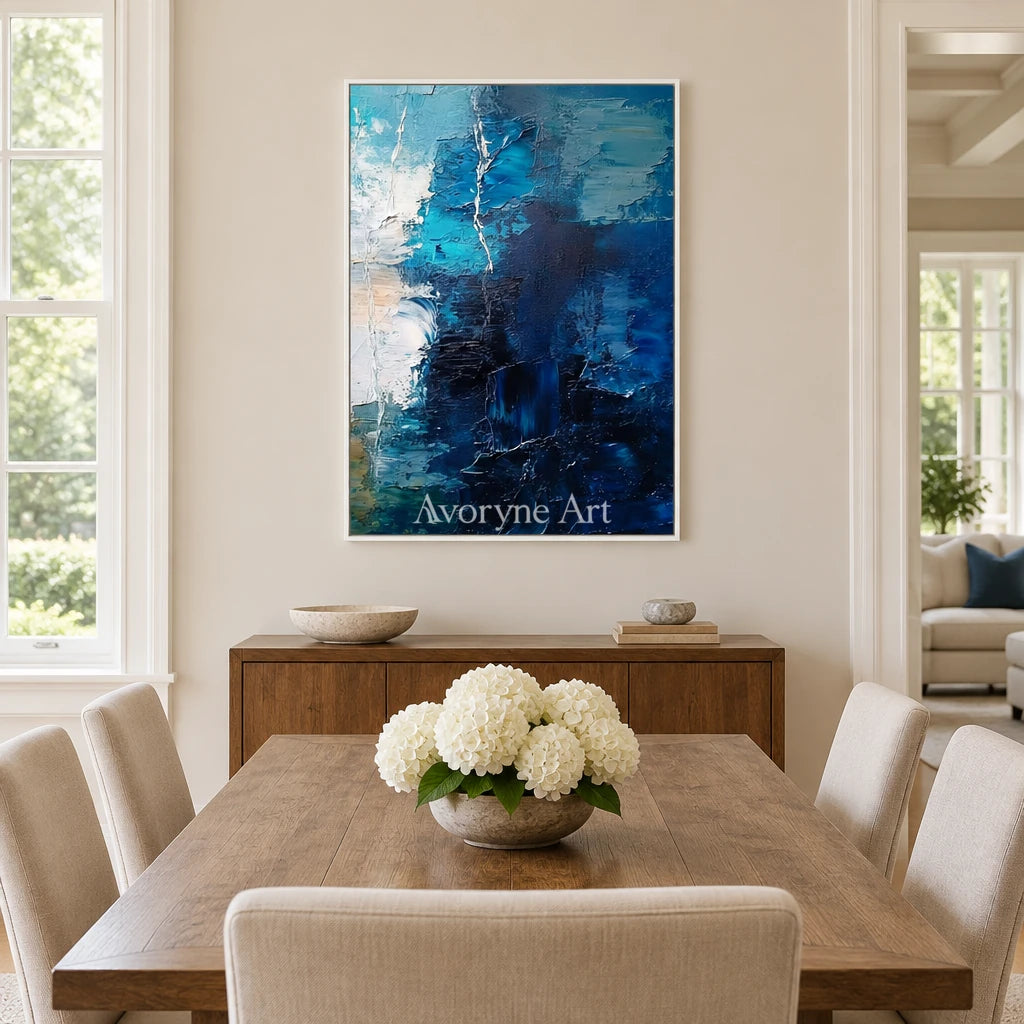 Aster Curve: Blue Palette Knife Art — dining white