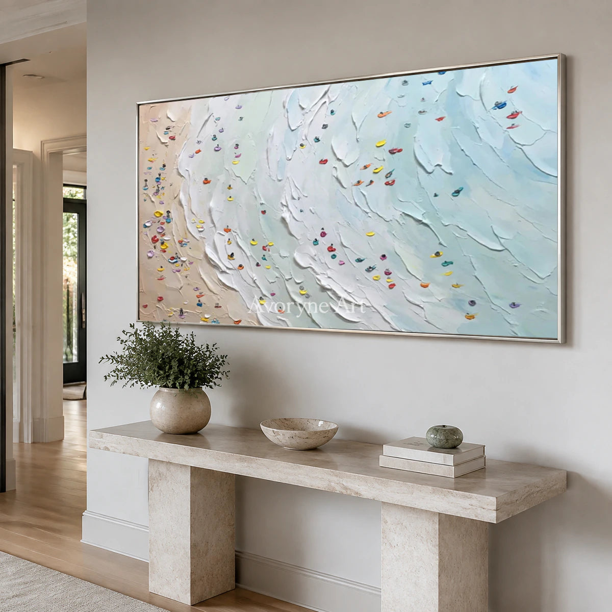Shoreline Gathering: Blue Panoramic Beach Scene Wall Art — entry silver
