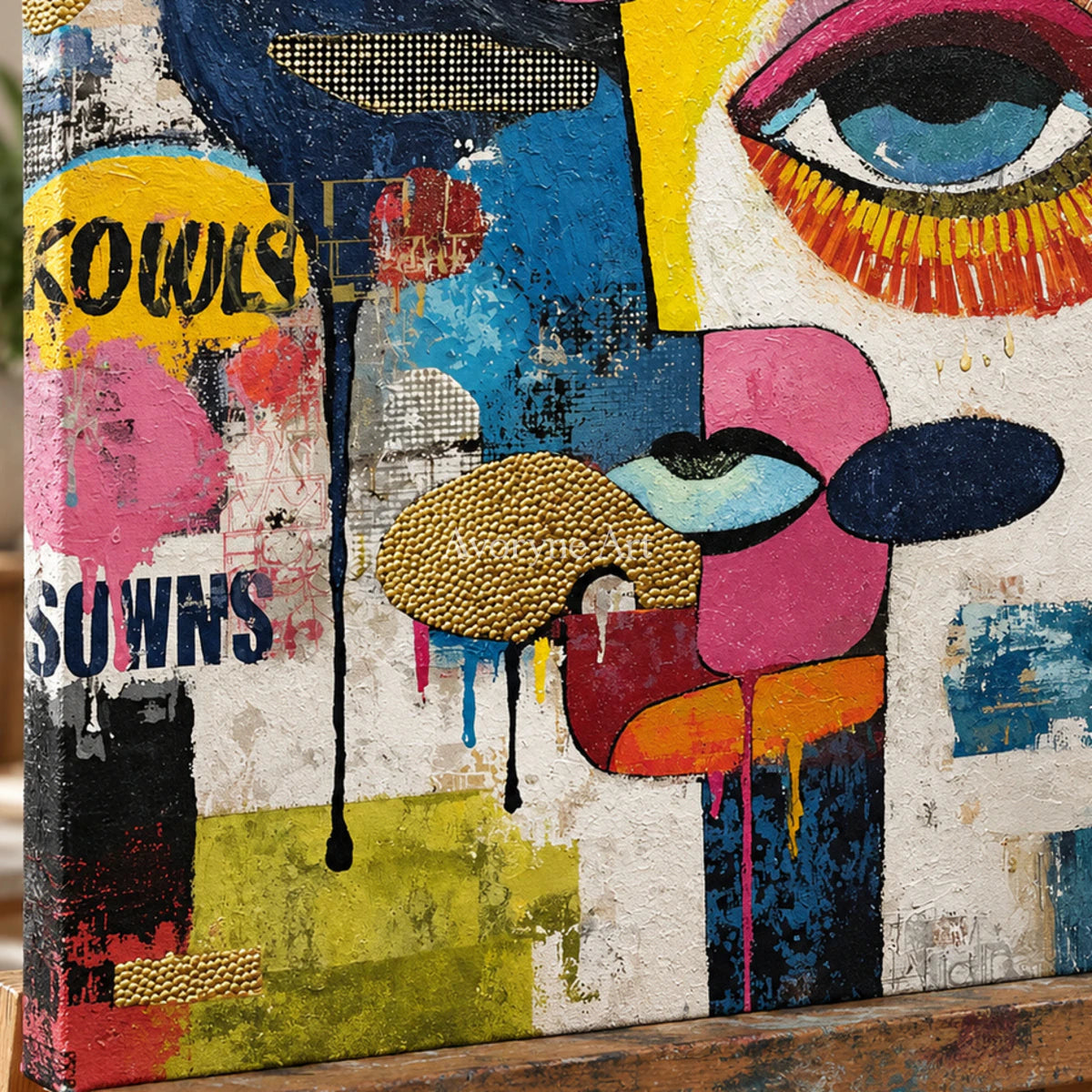 Mosaic Gaze: Blue Pop Art Face Wall Art — detail easel