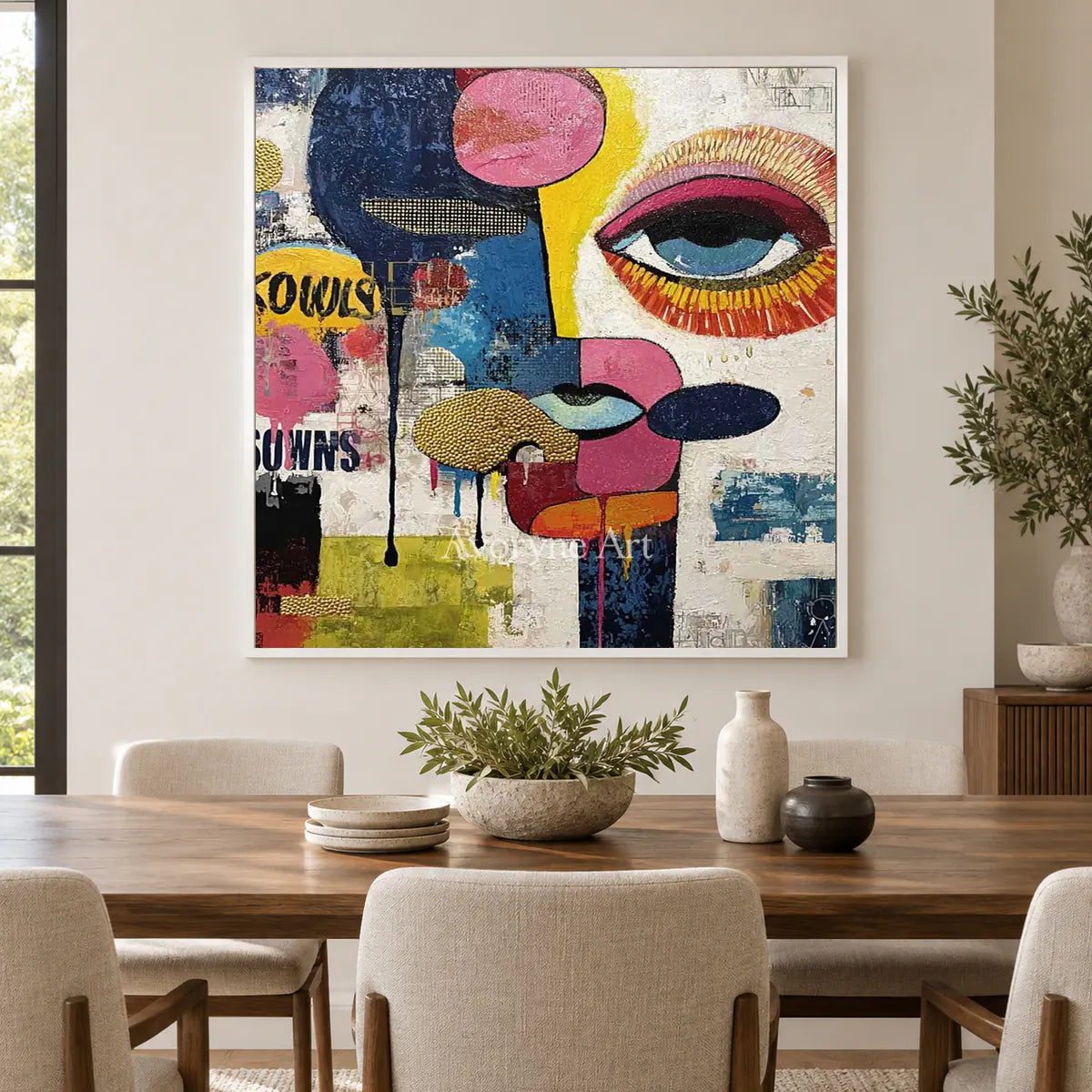Mosaic Gaze: Blue Pop Art Face Wall Art — dining white