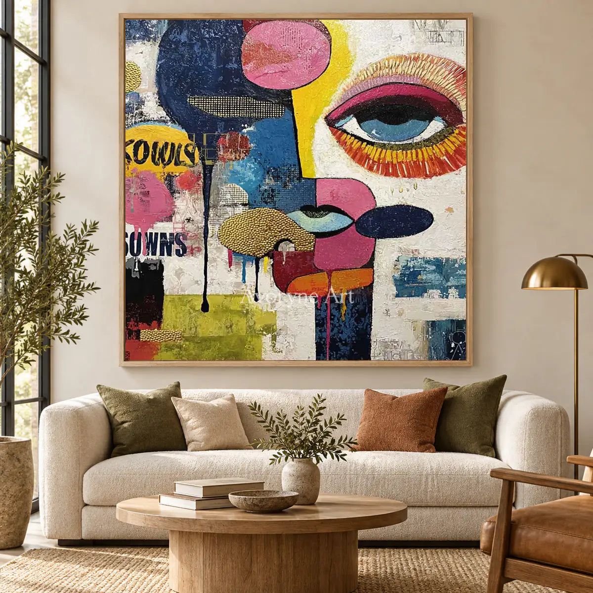 Mosaic Gaze: Blue Pop Art Face Wall Art — hotel wood