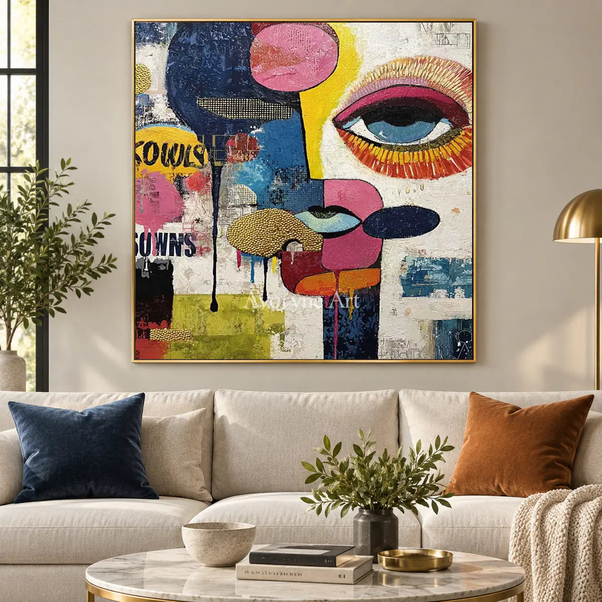 Mosaic Gaze: Blue Pop Art Face Wall Art — living gold