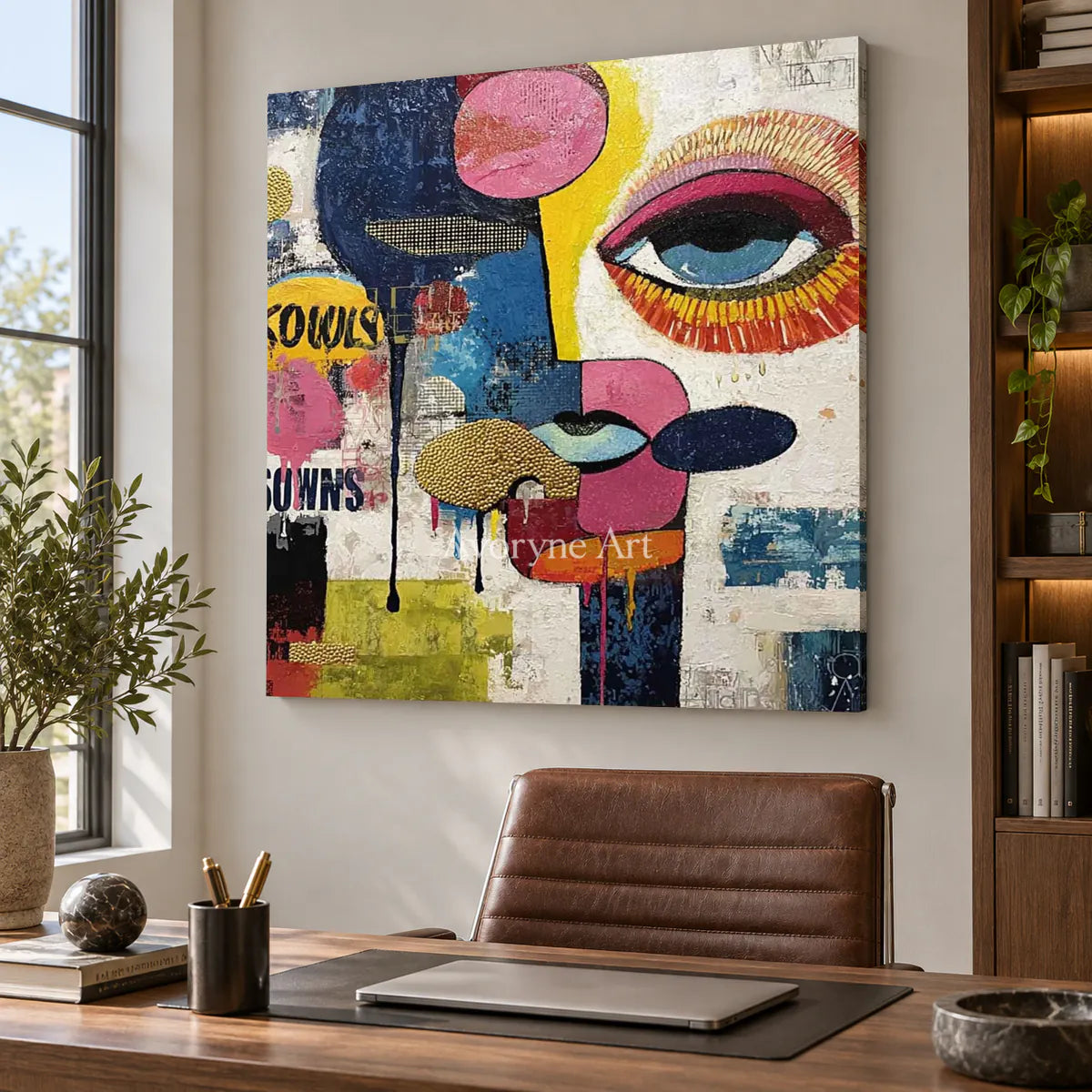 Mosaic Gaze: Blue Pop Art Face Wall Art — office frameless