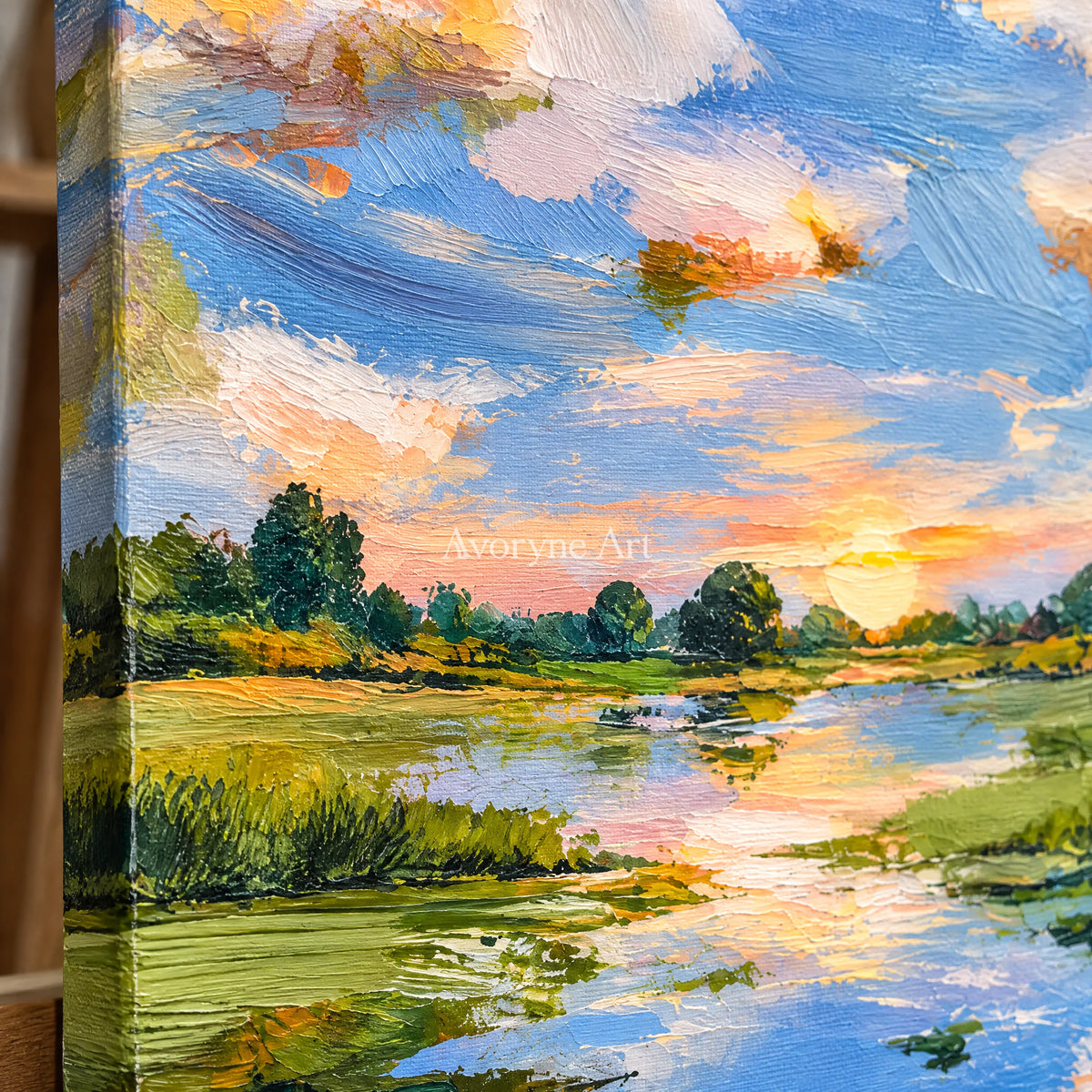 Summer Reflection: Blue River Landscape Wall Art — detail easel
