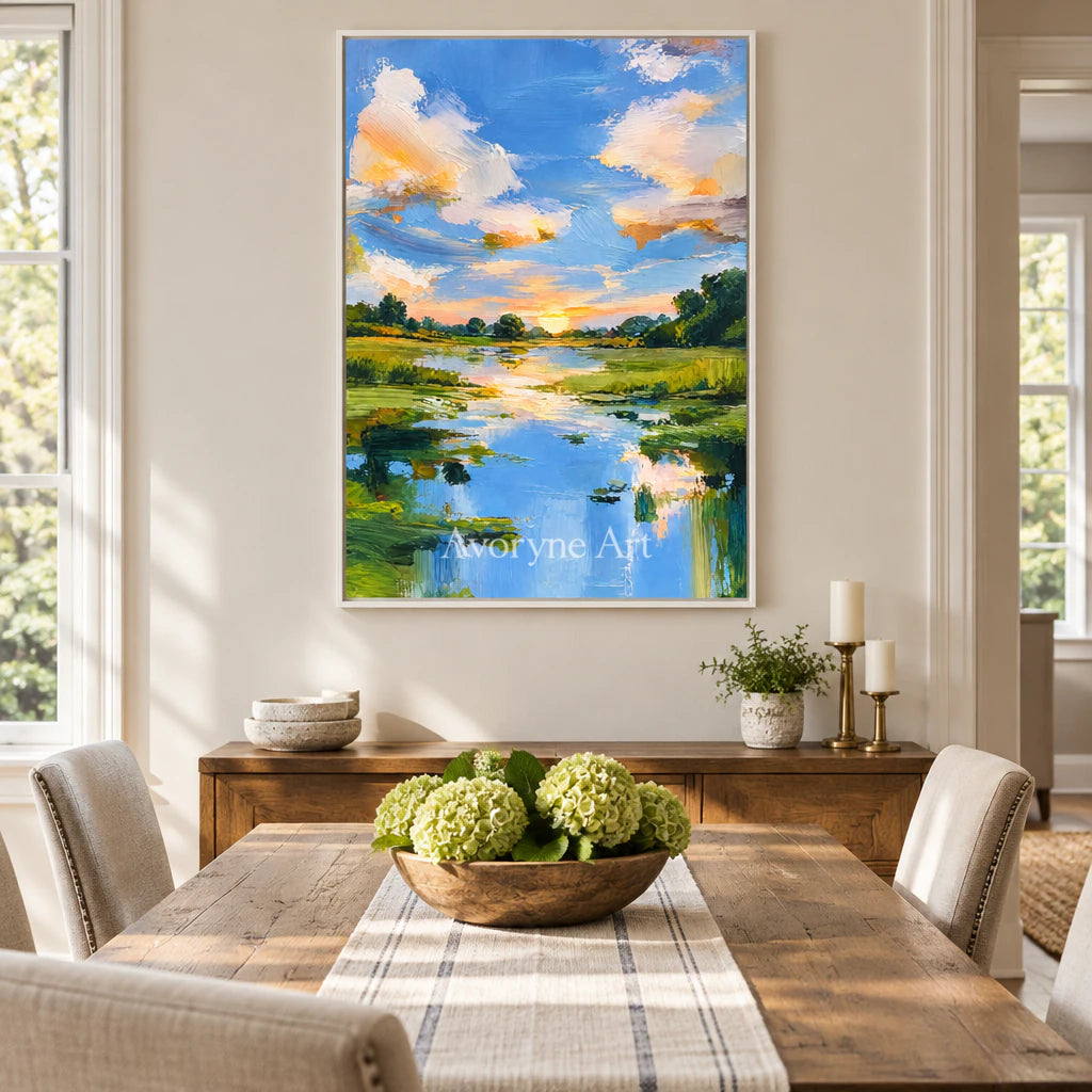Summer Reflection: Blue River Landscape Wall Art — dining white