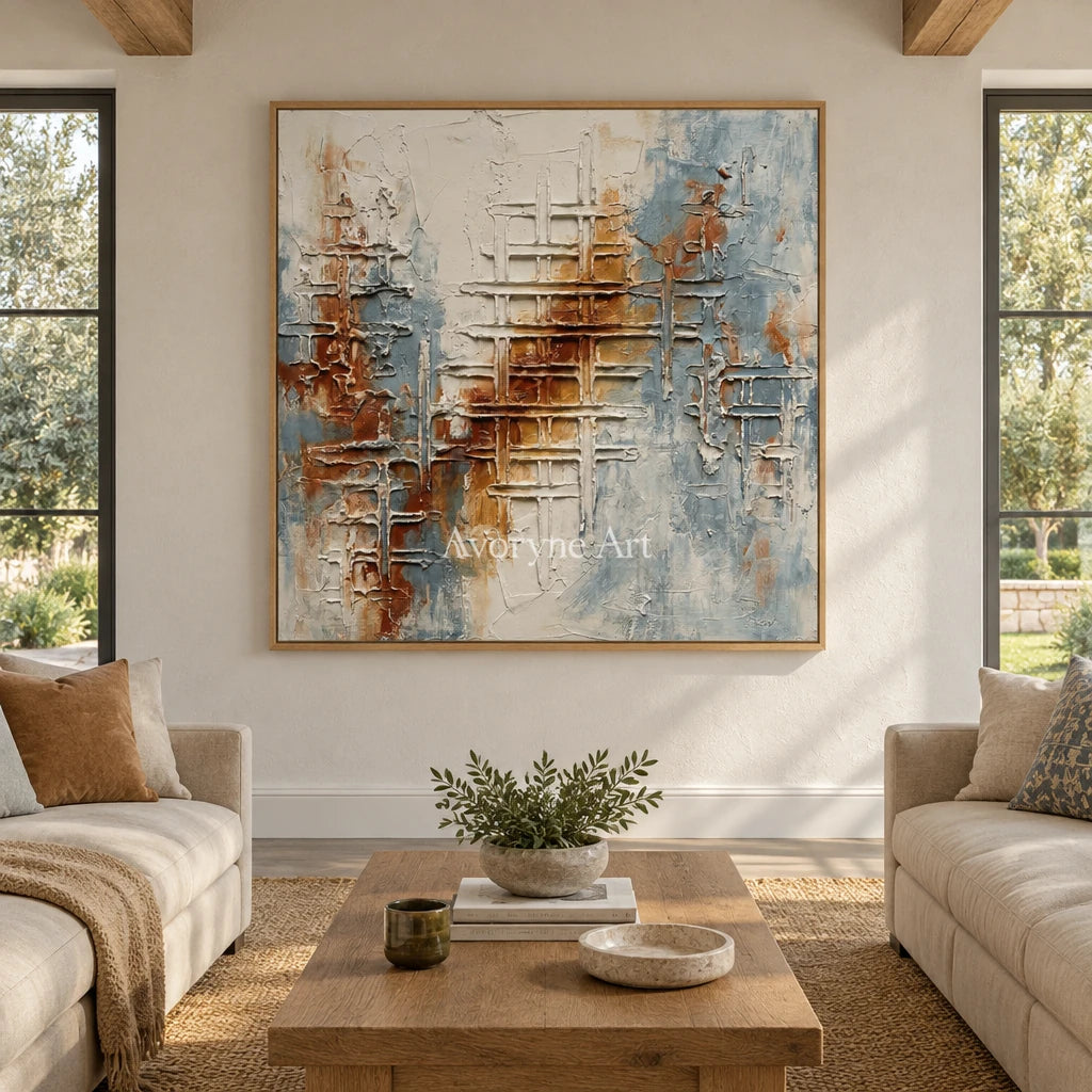 Woven Verse blue rust texture wall art with a wood frame in a villa living space
