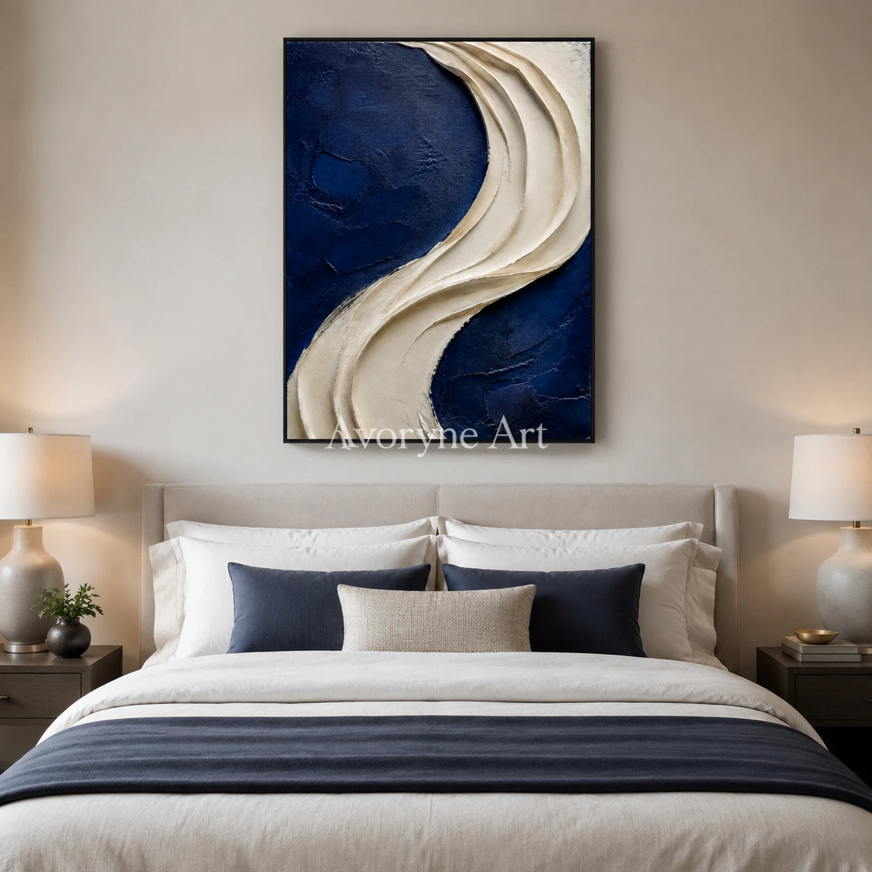 Indigo Drape: Blue Sculptural Abstract Wall Art - bedroom black frame