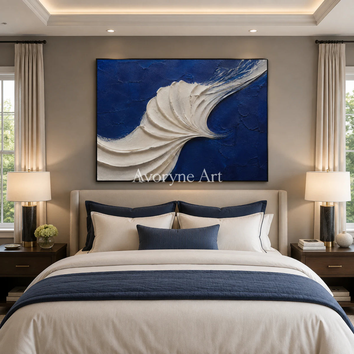 Indigo Tides: Blue Sculptural Wave Wall Art - bedroom black frame