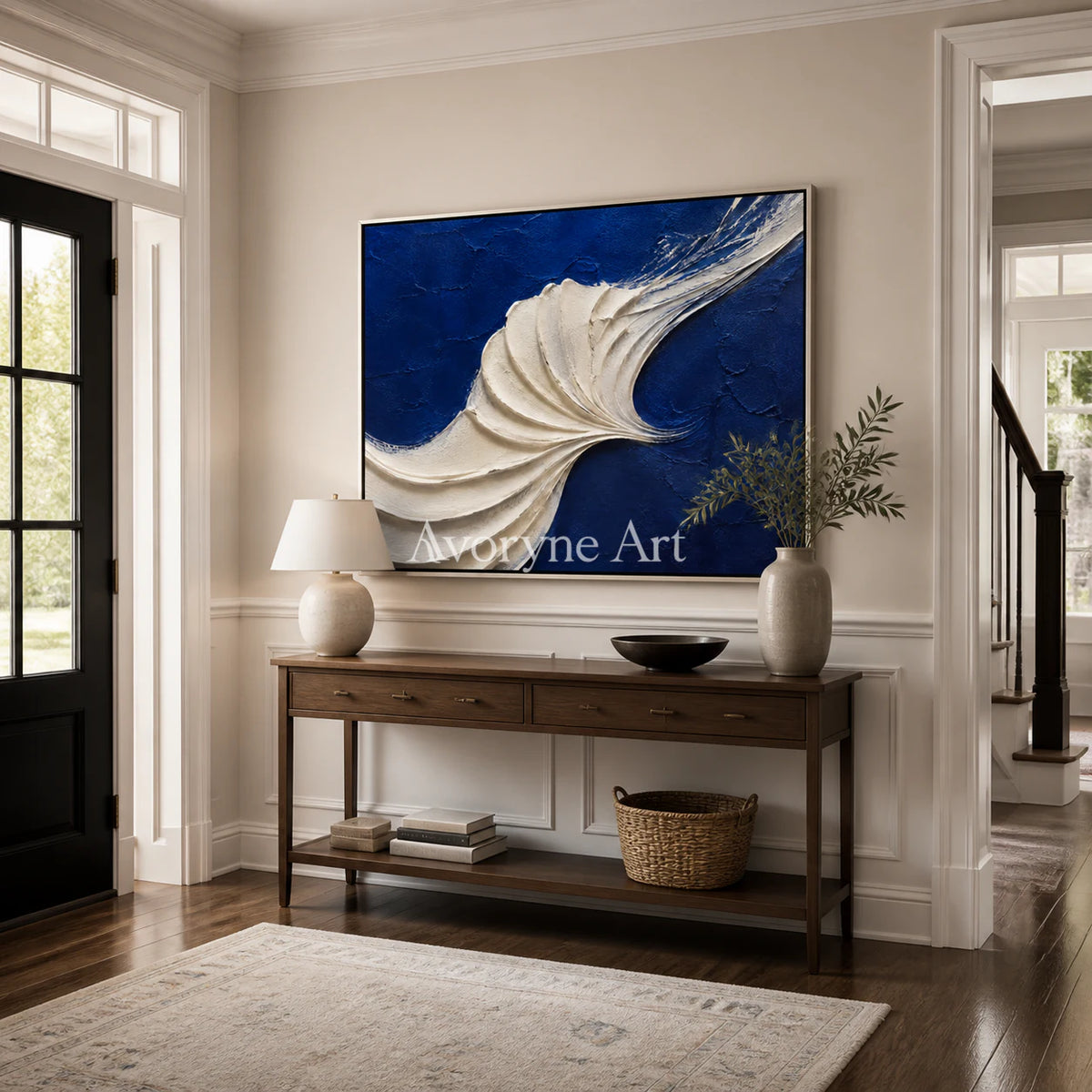 Indigo Tides: Blue Sculptural Wave Wall Art - entryway silver frame