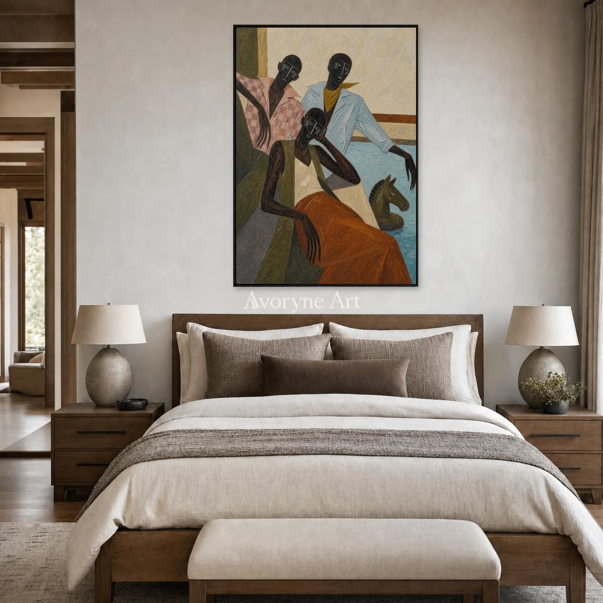 Riders in Passing: Blue Stylized Riders Vertical Wall Art — bedroom black