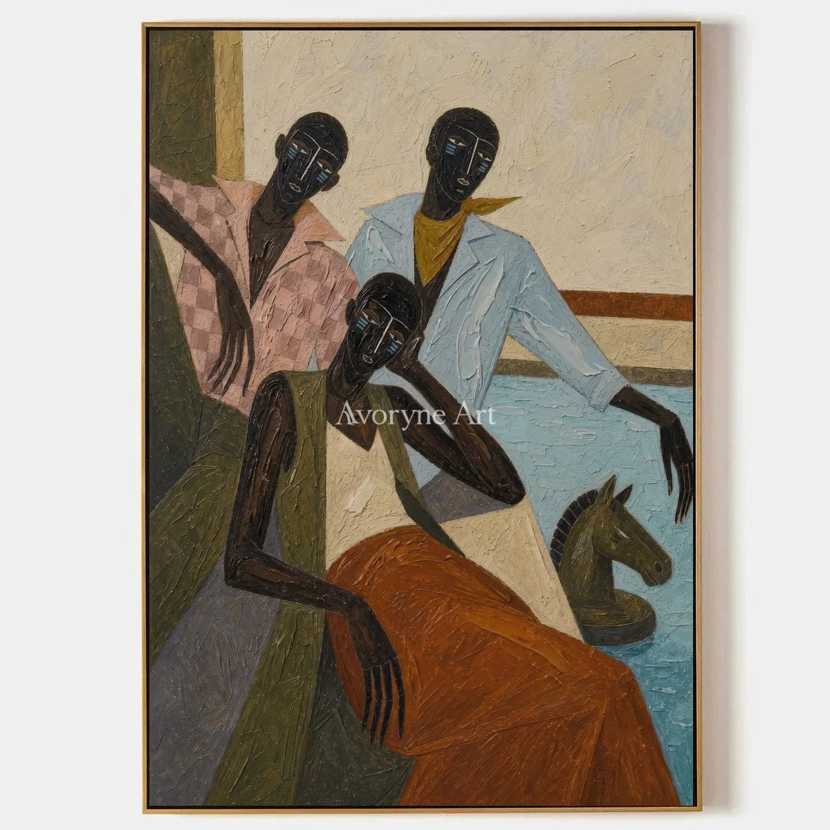 Riders in Passing: Blue Stylized Riders Vertical Wall Art — primary