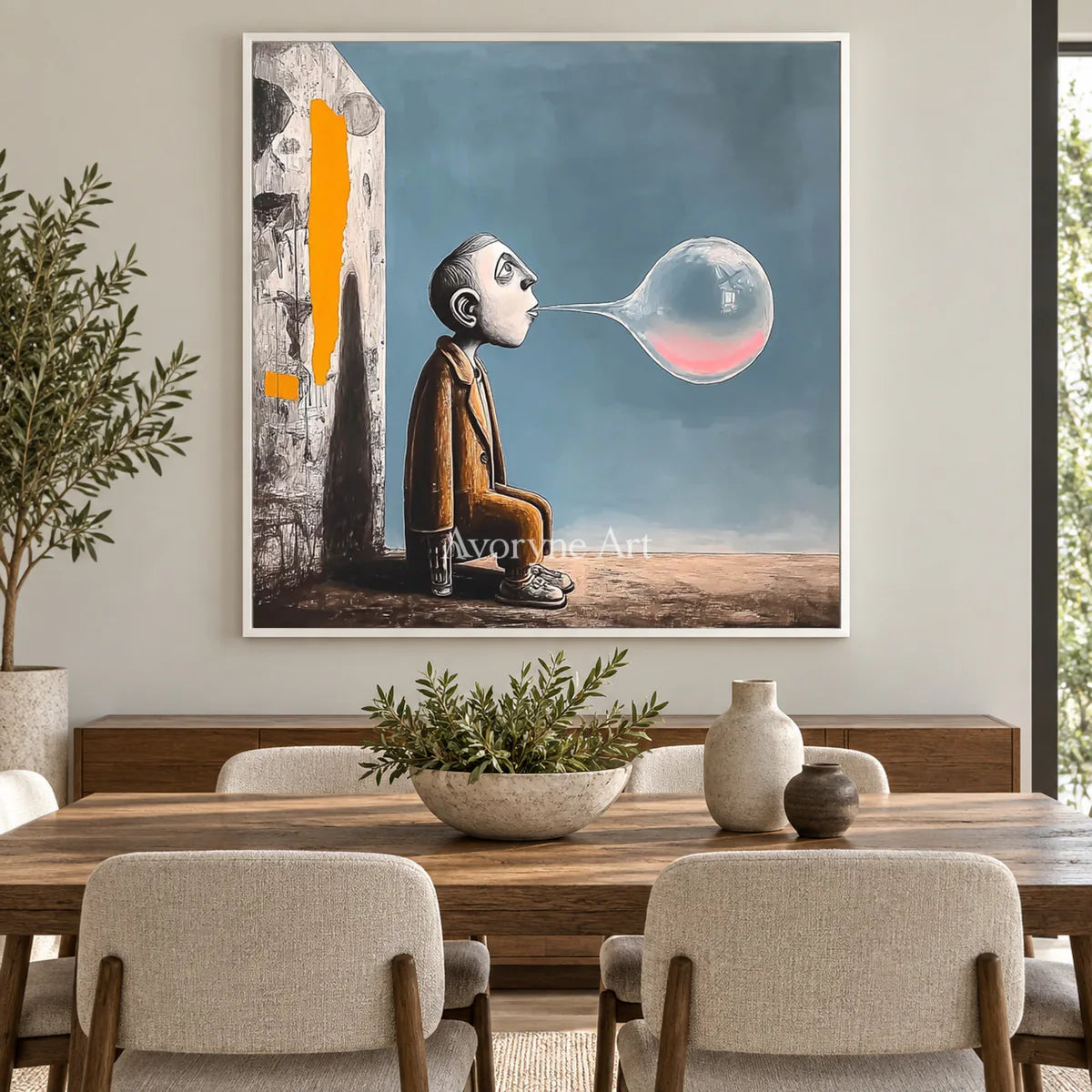 A Breath Suspended: Blue Surrealist Bubble Figure Wall Art — dining white