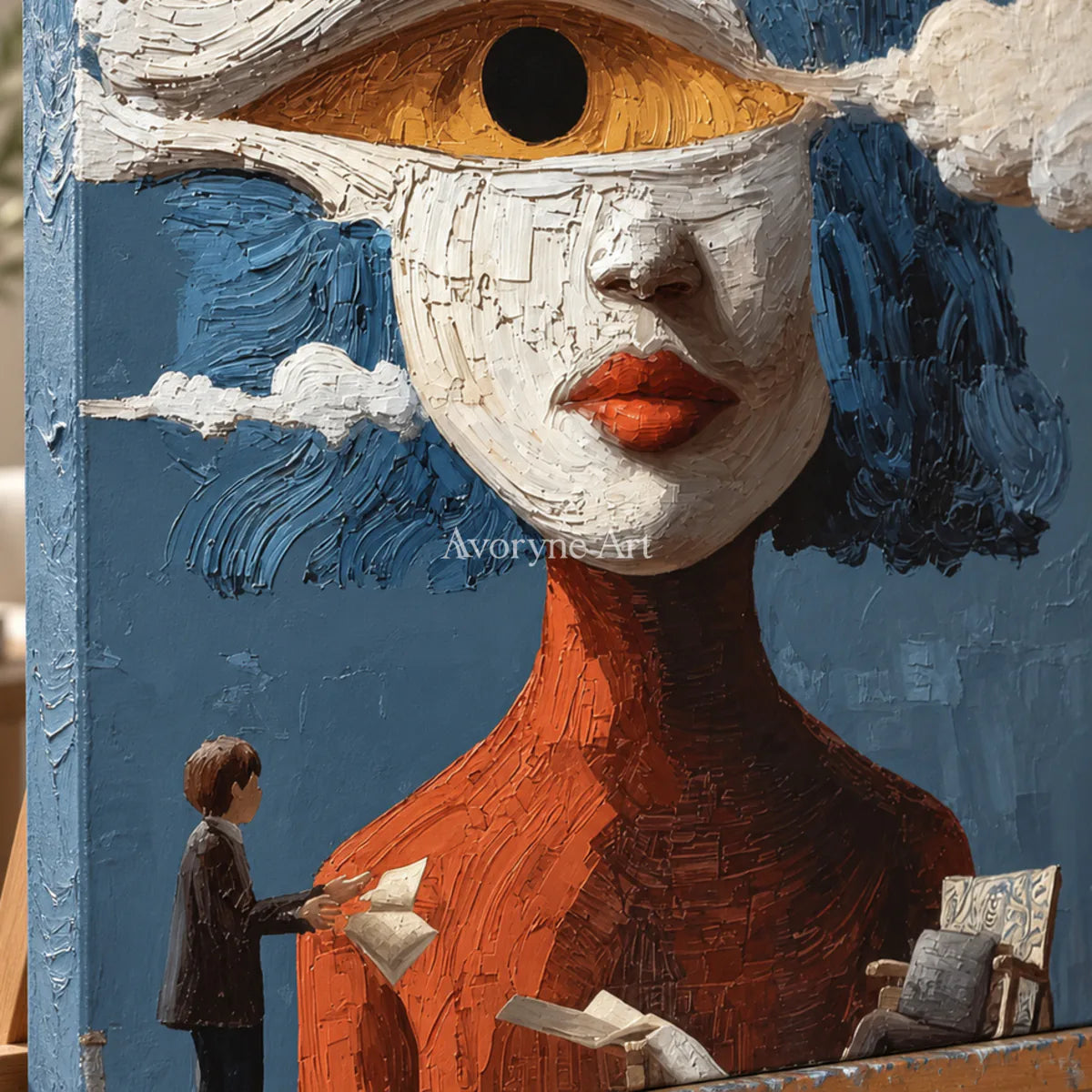 The Watching Cloud: Blue Surrealist Eye Portrait Wall Art — detail easel